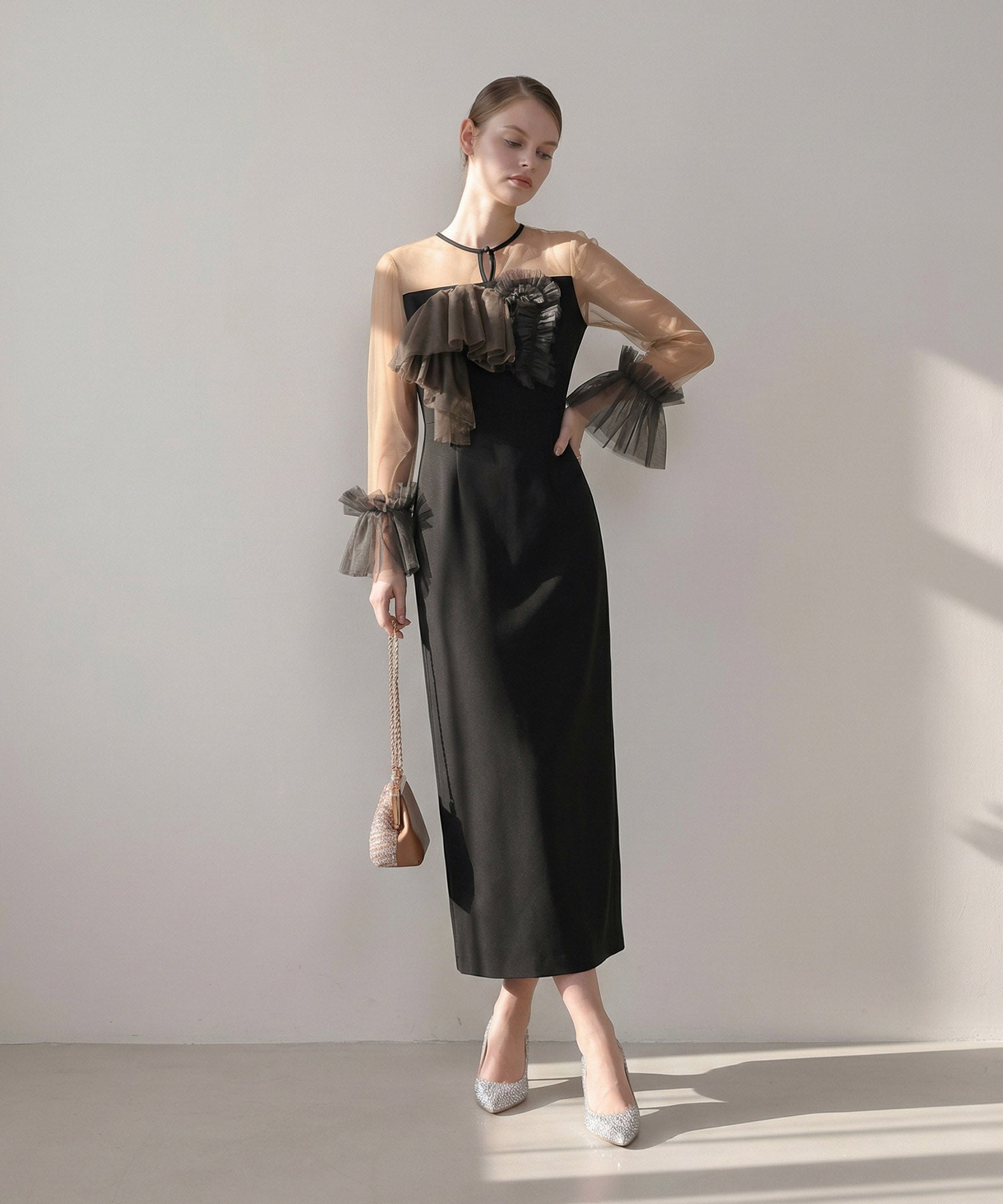 【当日発送】チュールフリルスリーブIラインワンピースドレス