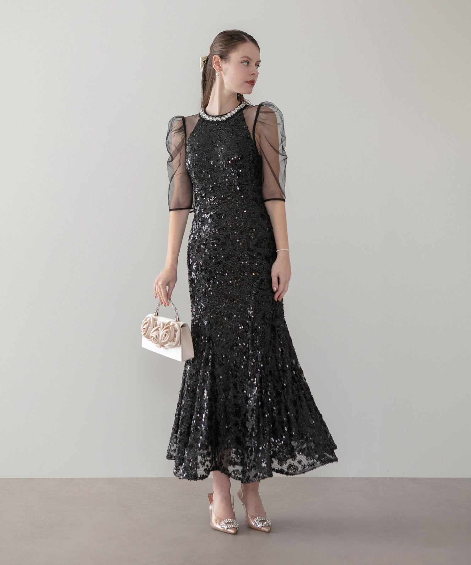 【SOLD OUT】ビジューネックスパンコールシアーマーメイドワンピースドレス