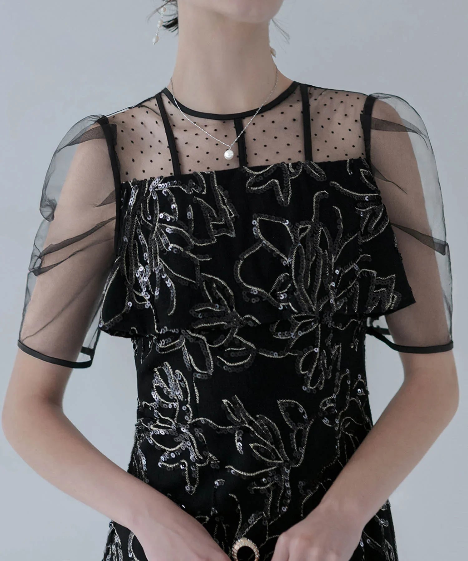 【当日発送】ドットチュールフラワースパンコールIラインワンピースドレス