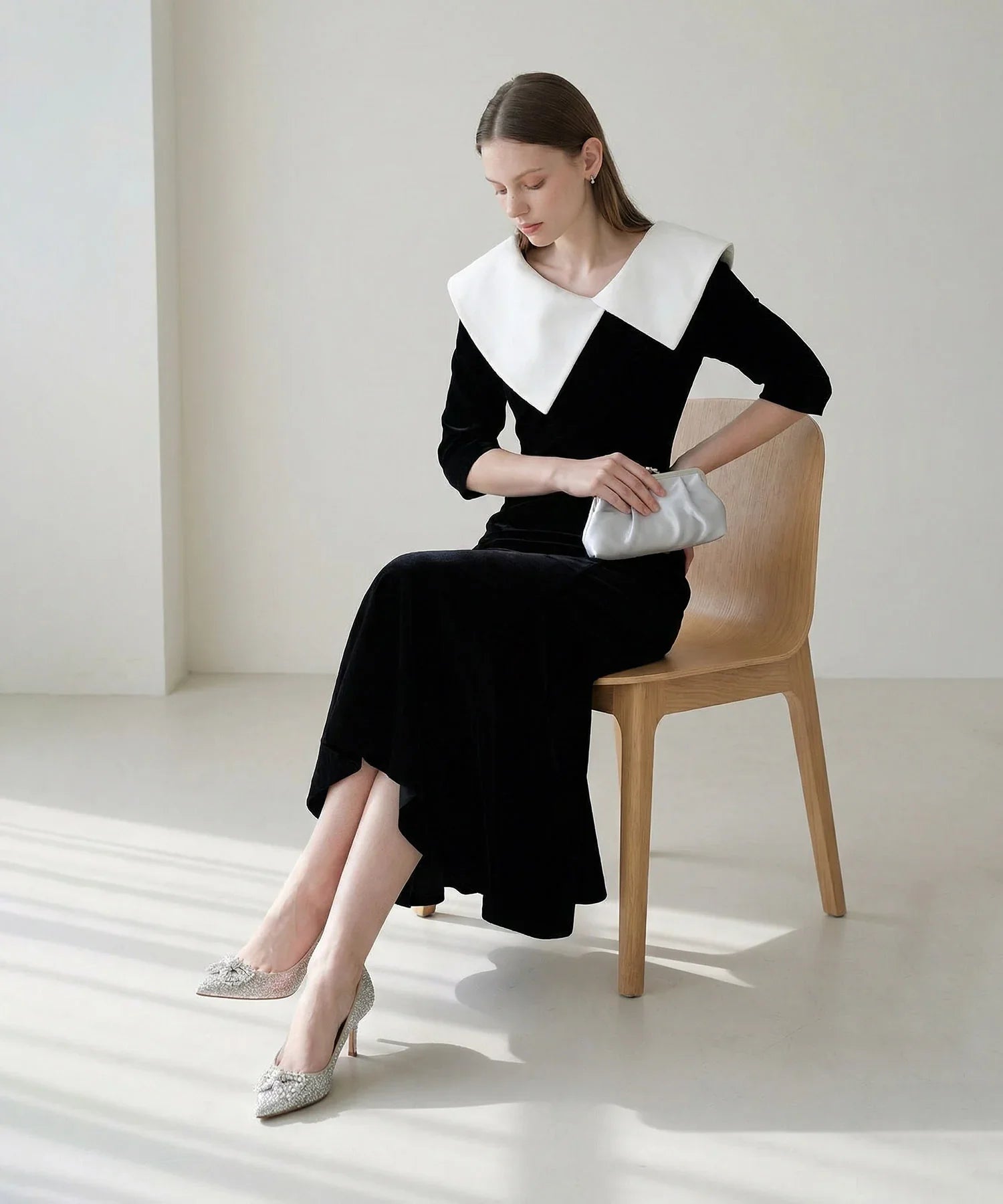 【当日発送】アシンメトリービッグカラーベロアマーメイドワンピースドレス