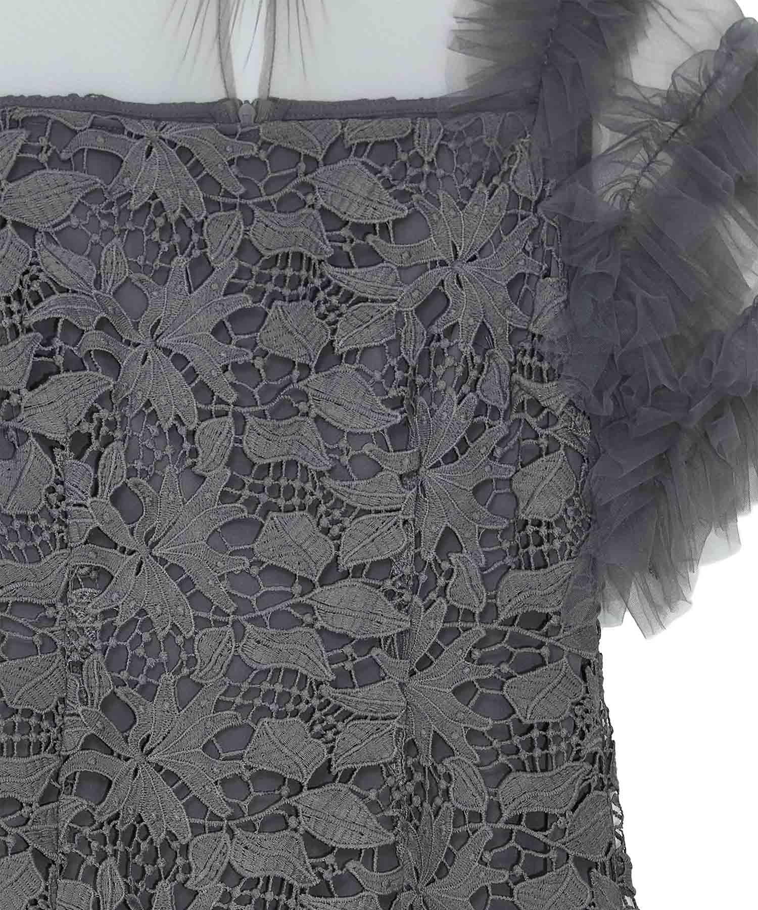 【一部当日発送】アシンメトリーチュールスリーブレースフリルヘムIラインワンピースドレス