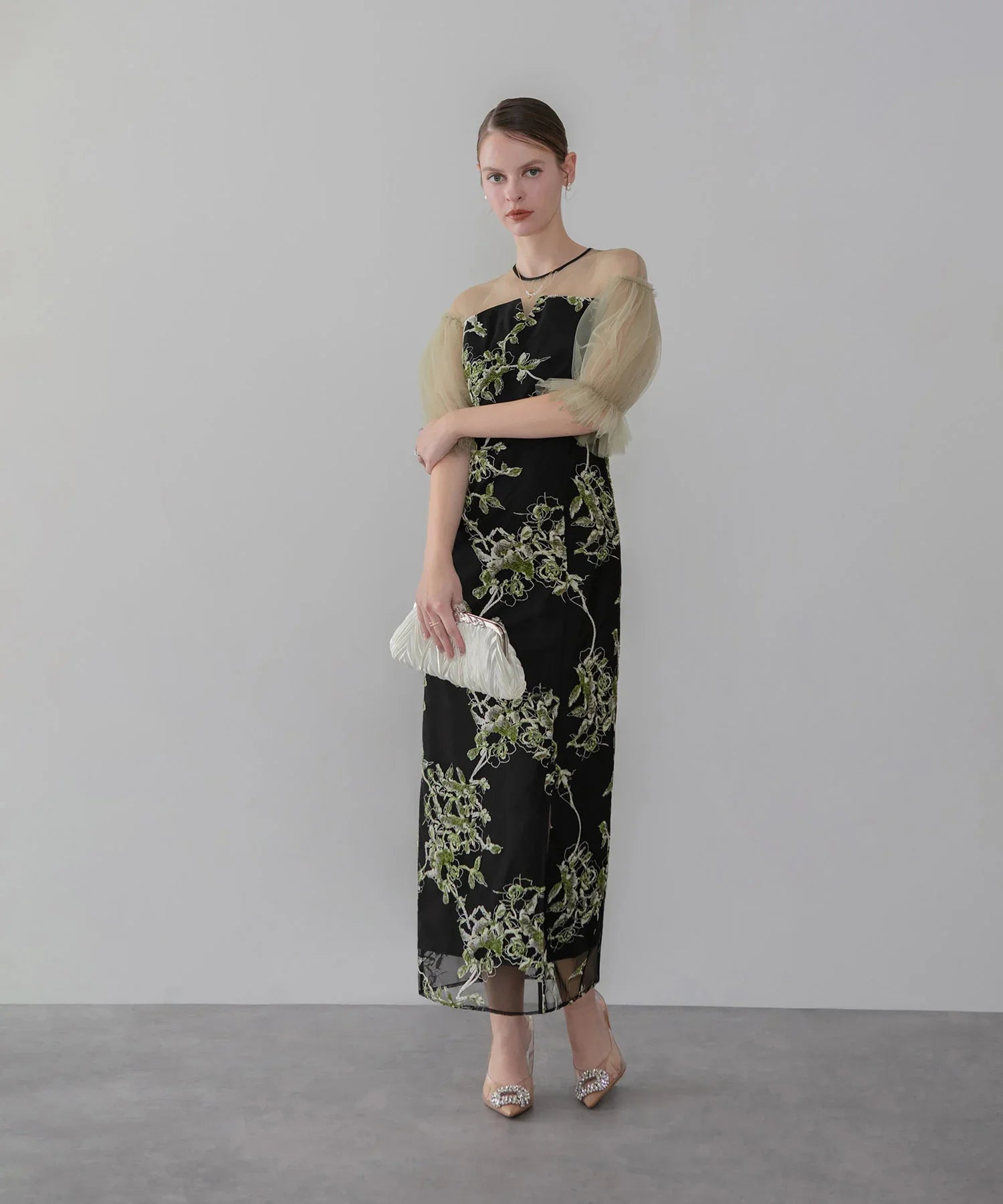 【当日発送】フラワーリリーフマテリアルボリュームスリーブIラインワンピースドレス