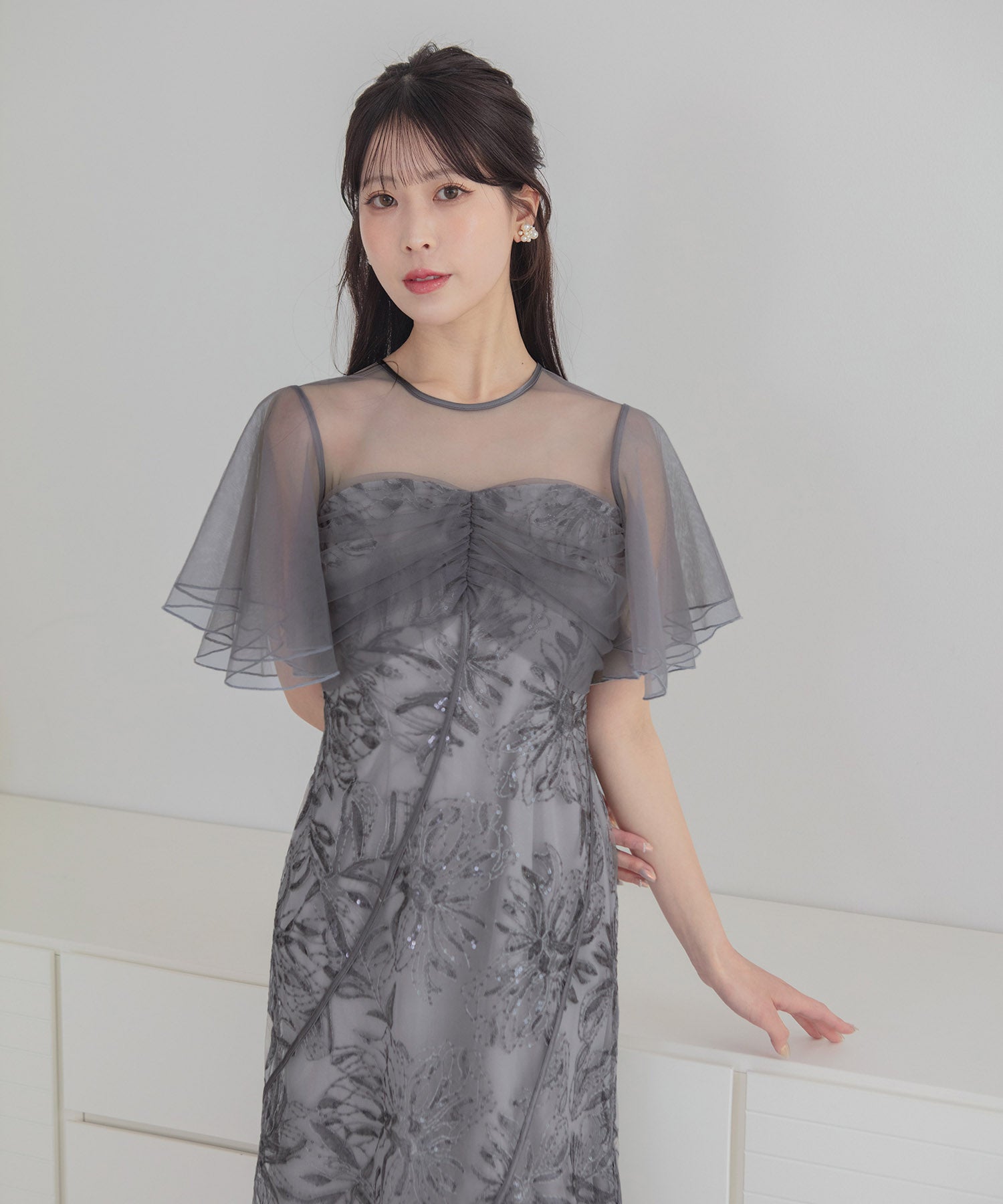 【予約販売】フラワースパンコールチュールフレアスリーブマーメイドワンピースドレス