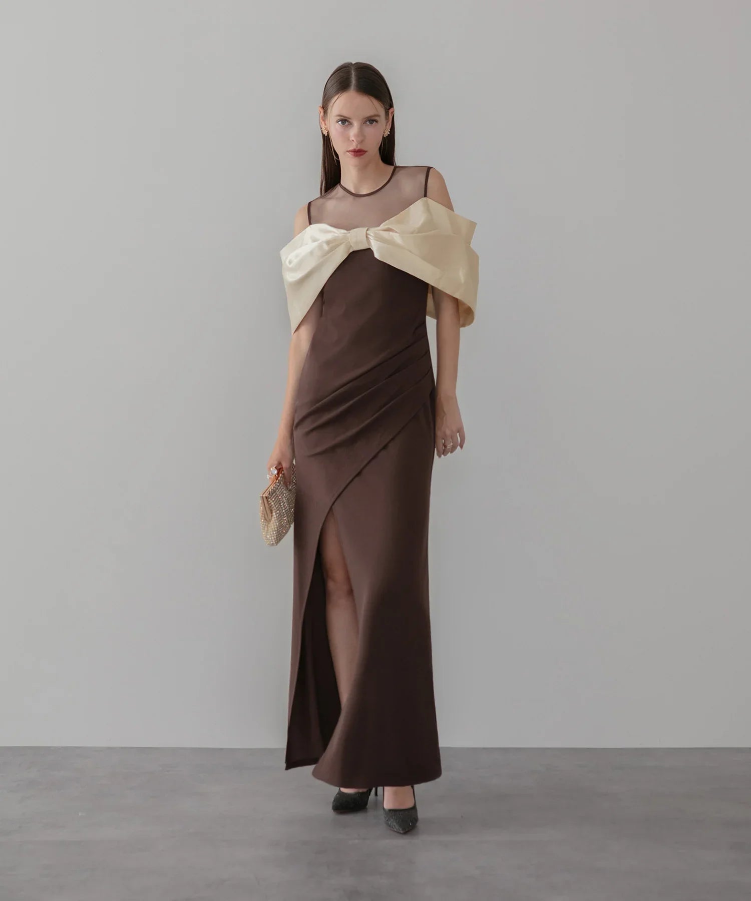 【LEJA LUXE】ビッグリボンシアーショルダードレープロングドレス