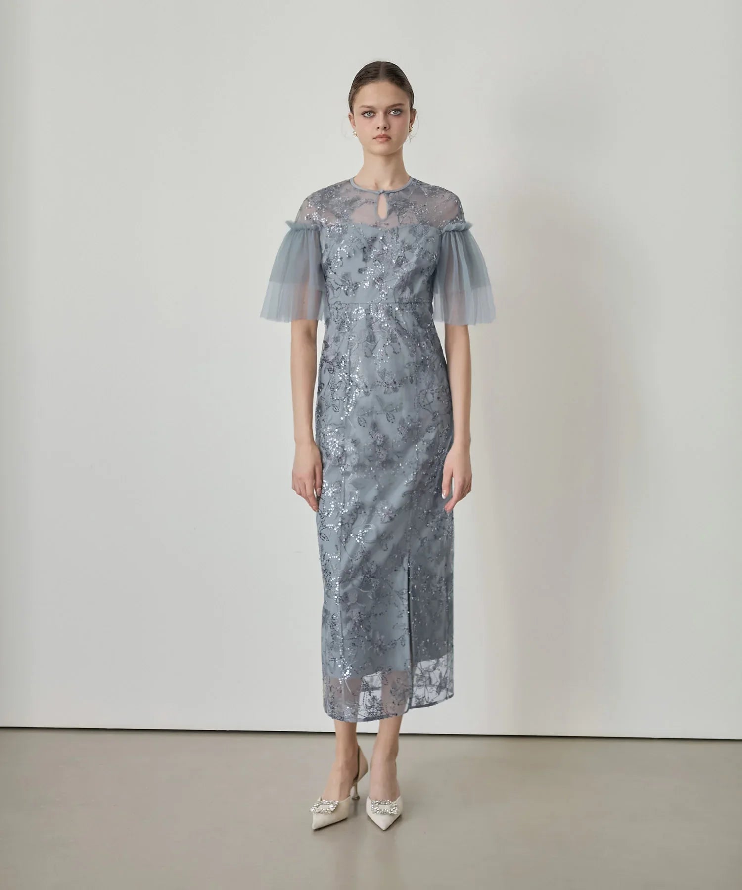 【当日発送】フラワースパンコールチュールスリーブIラインドレス