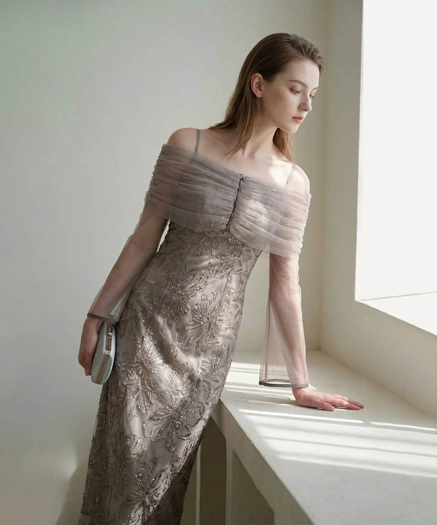 【当日発送】チュールオフショルダー花柄Iラインワンピースドレス