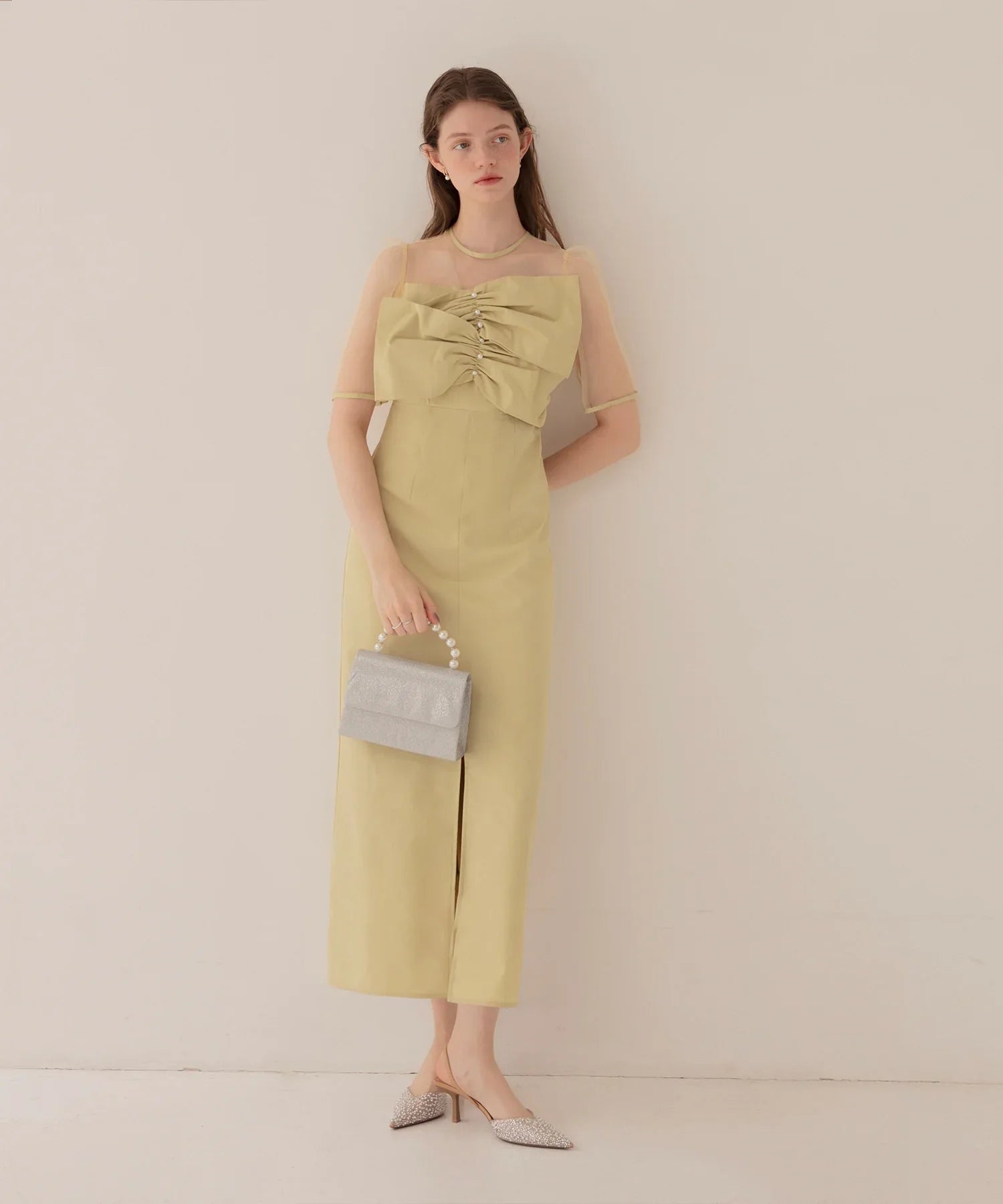 【当日発送】フロントプリーツシアースリーブIラインワンピースドレス