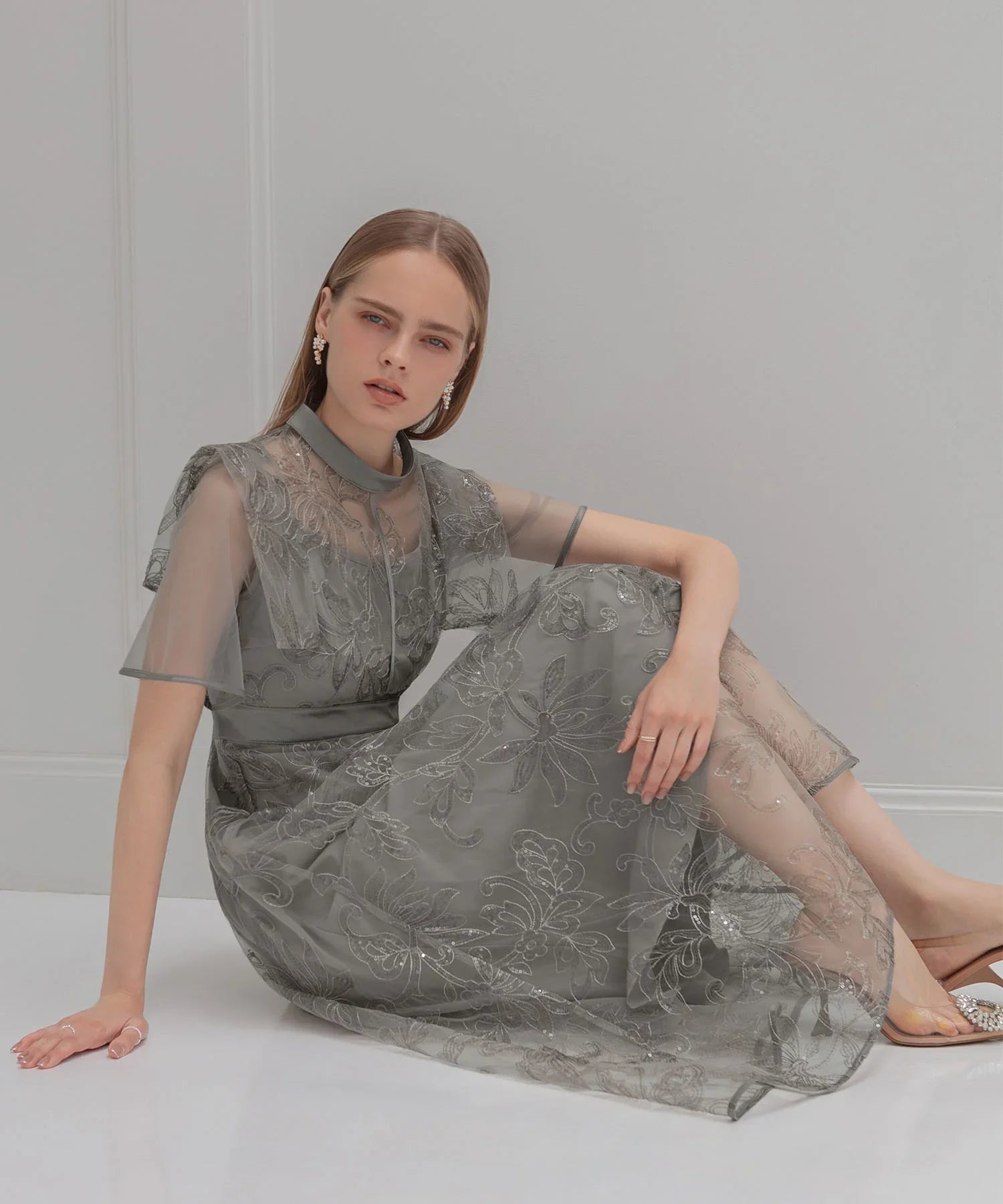 【一部当日発送】フラップデザインフラワースパンコールAラインワンピースドレス