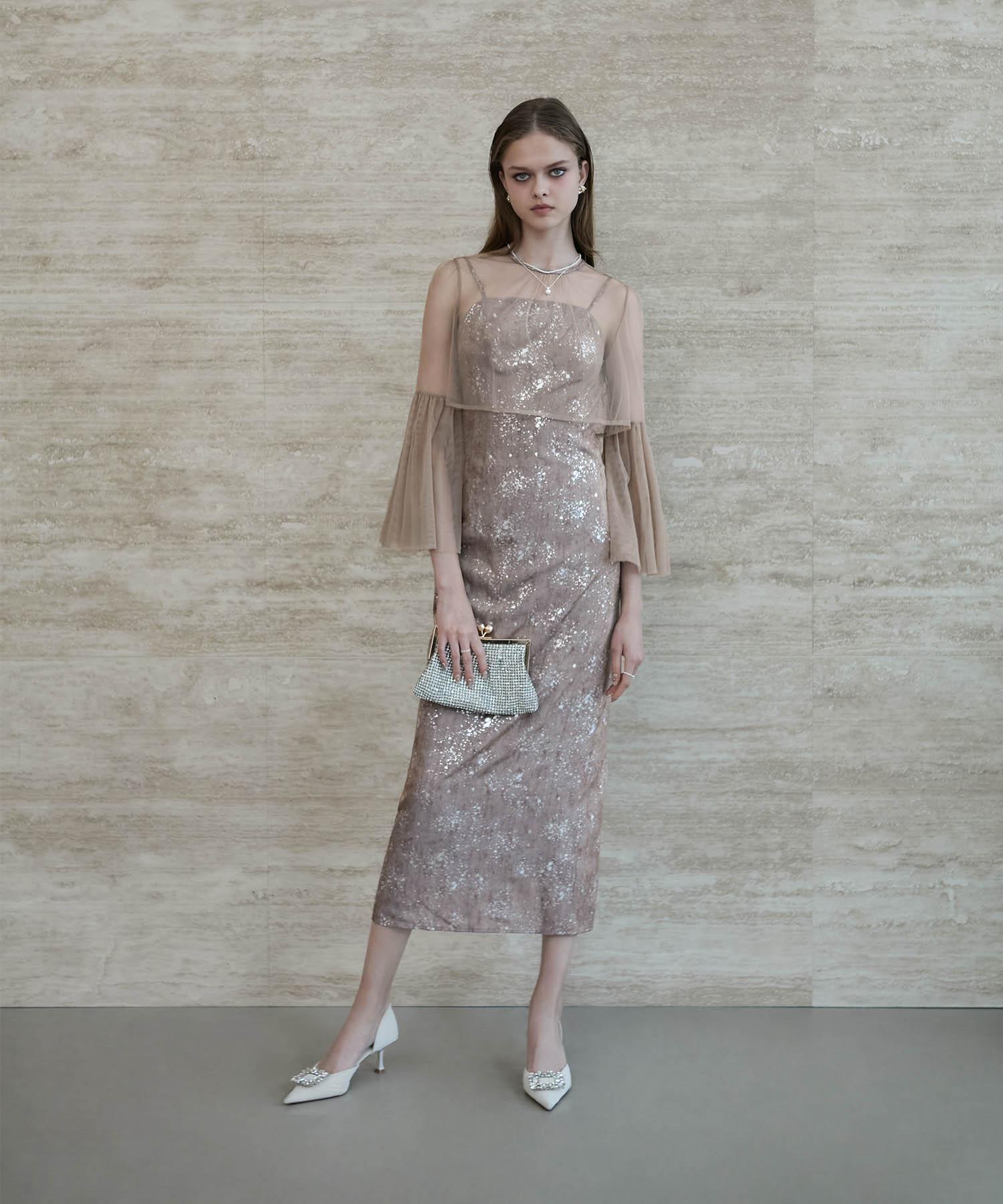 【一部当日発送】シアーチュールベルスリーブペイントIラインワンピースドレス