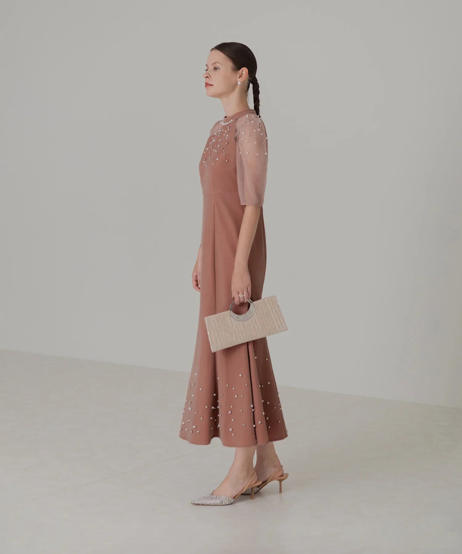 【当日発送】シアースリーブパールビジューベロアマーメイドワンピースドレス