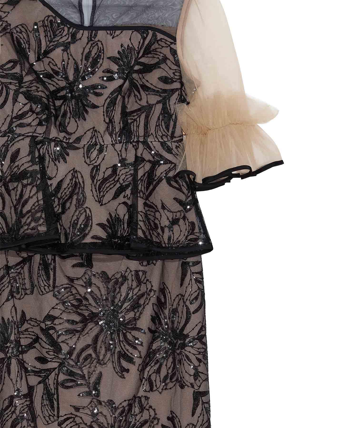 【SOLD OUT】アシンメトリーシアーフラワースパンコールフリルチュール セットアップドレス