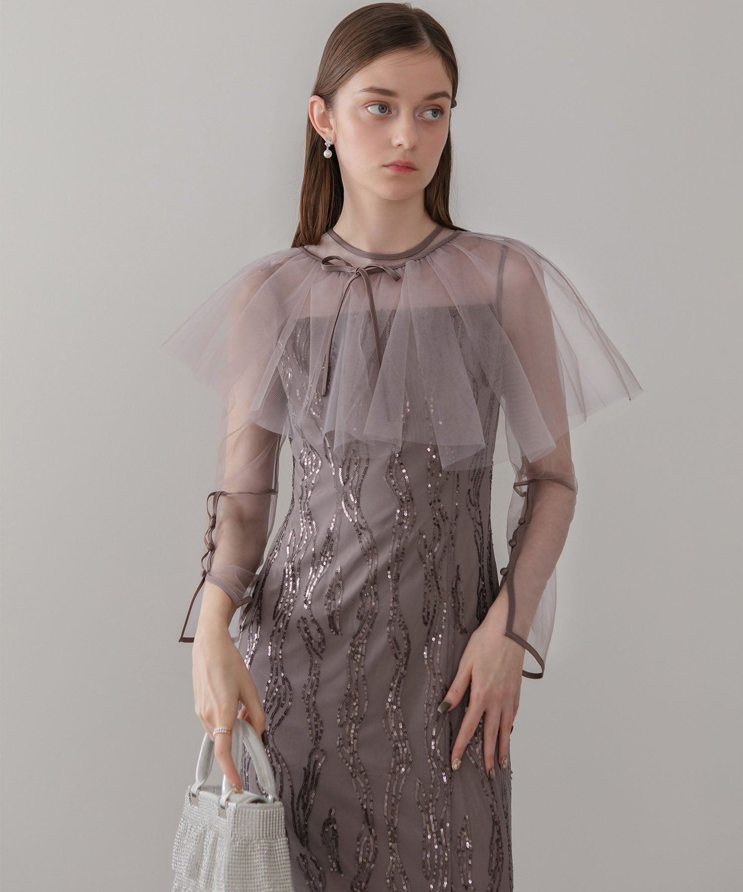 【当日発送】シアーケープスパンコールIラインワンピースドレス