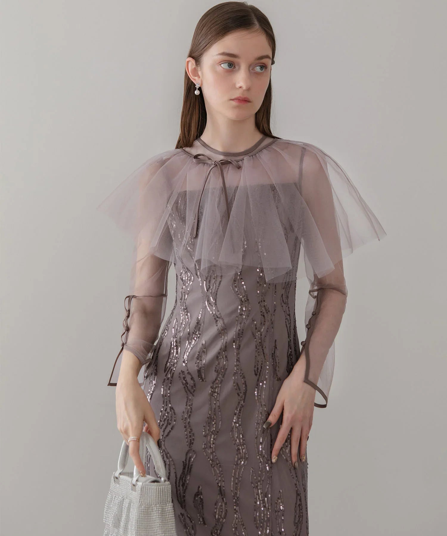 【当日発送】シアーケープスパンコールIラインワンピースドレス