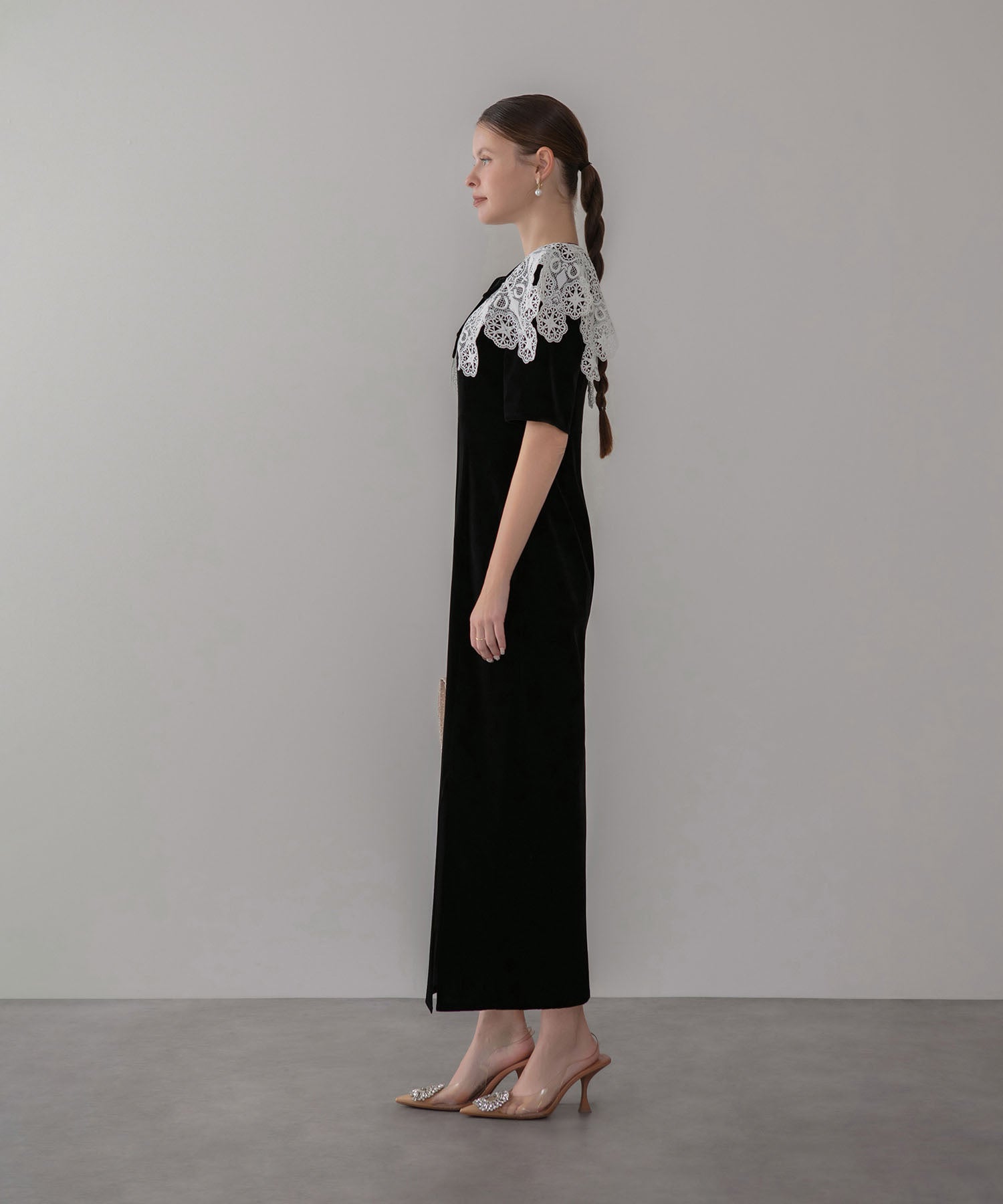 【当日発送】レースカラーベロアIラインワンピースドレス