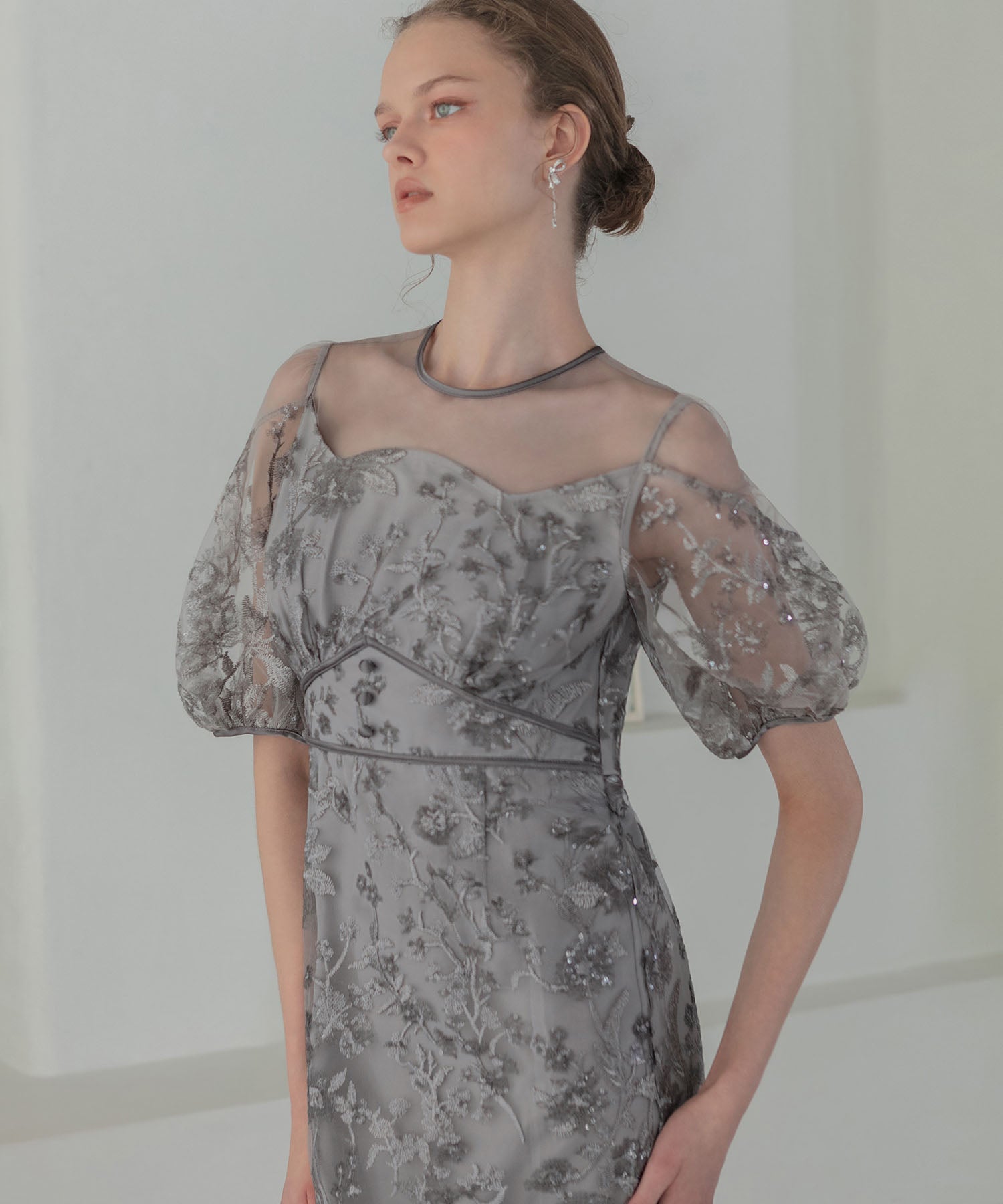 【一部当日発送】フラワーディテールパフスリーブIラインワンピースドレス