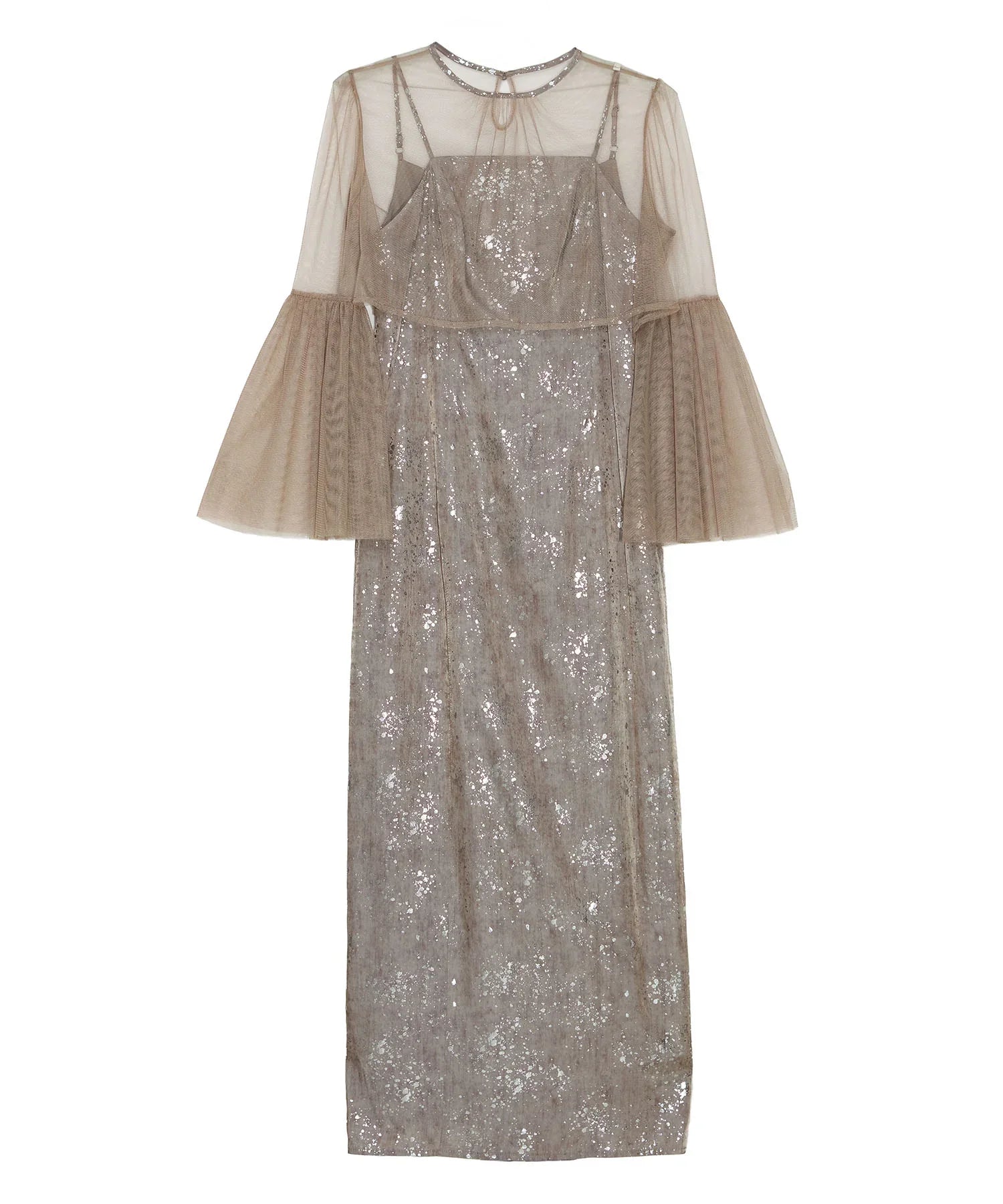 【一部当日発送】シアーチュールベルスリーブペイントIラインワンピースドレス