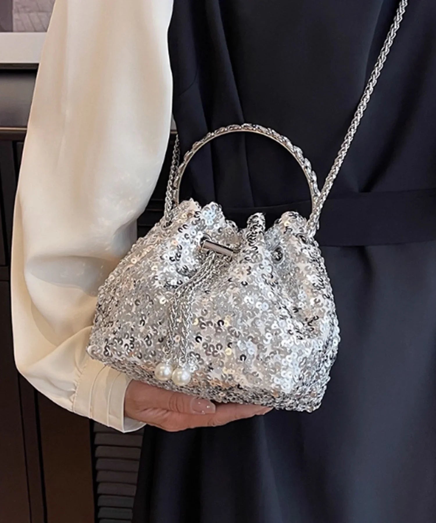 【当日発送】ビジューハンドルチェーンスパンコールバッグ