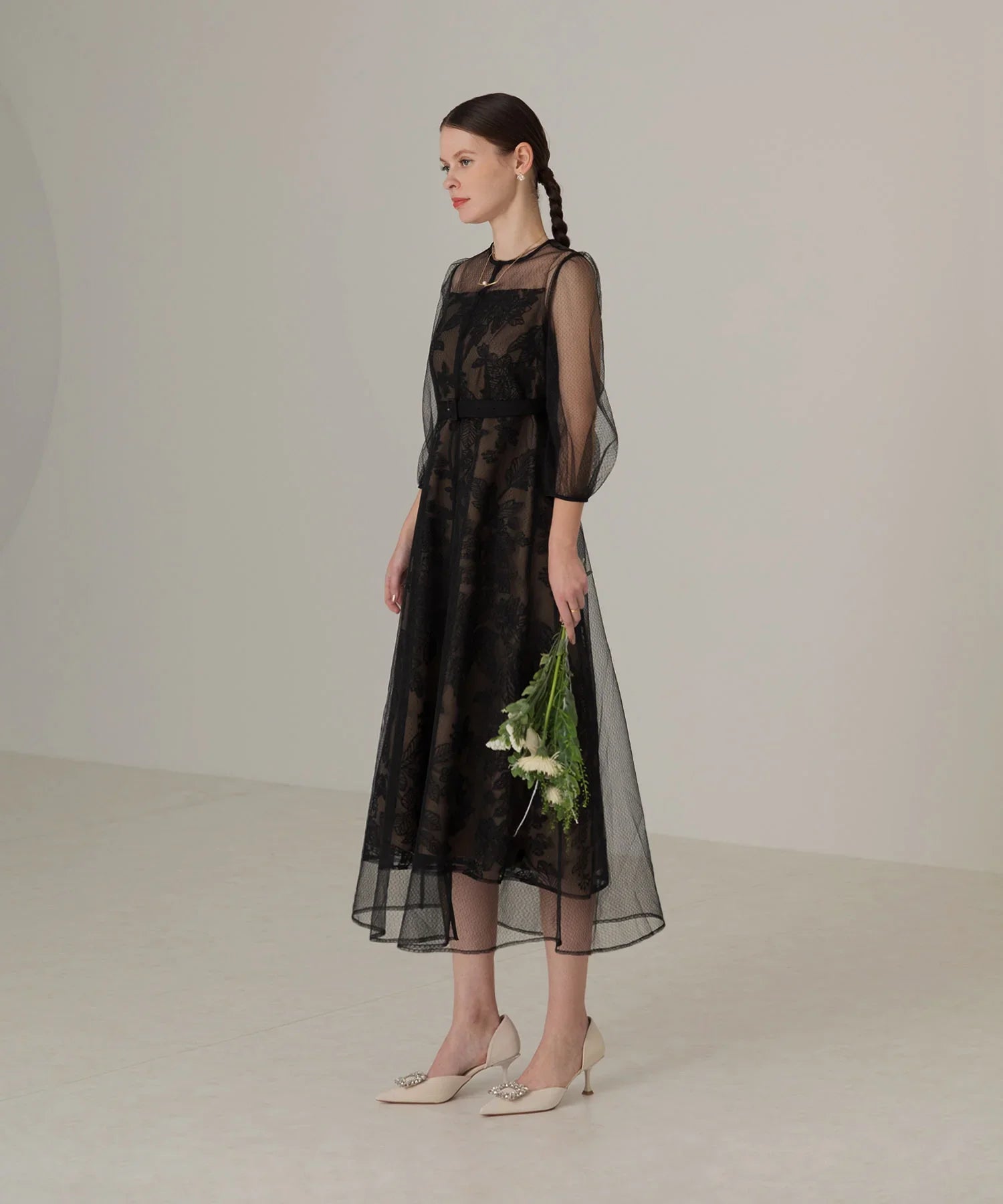 【当日発送】チュールパイピングリーフベルトAラインワンピースドレス