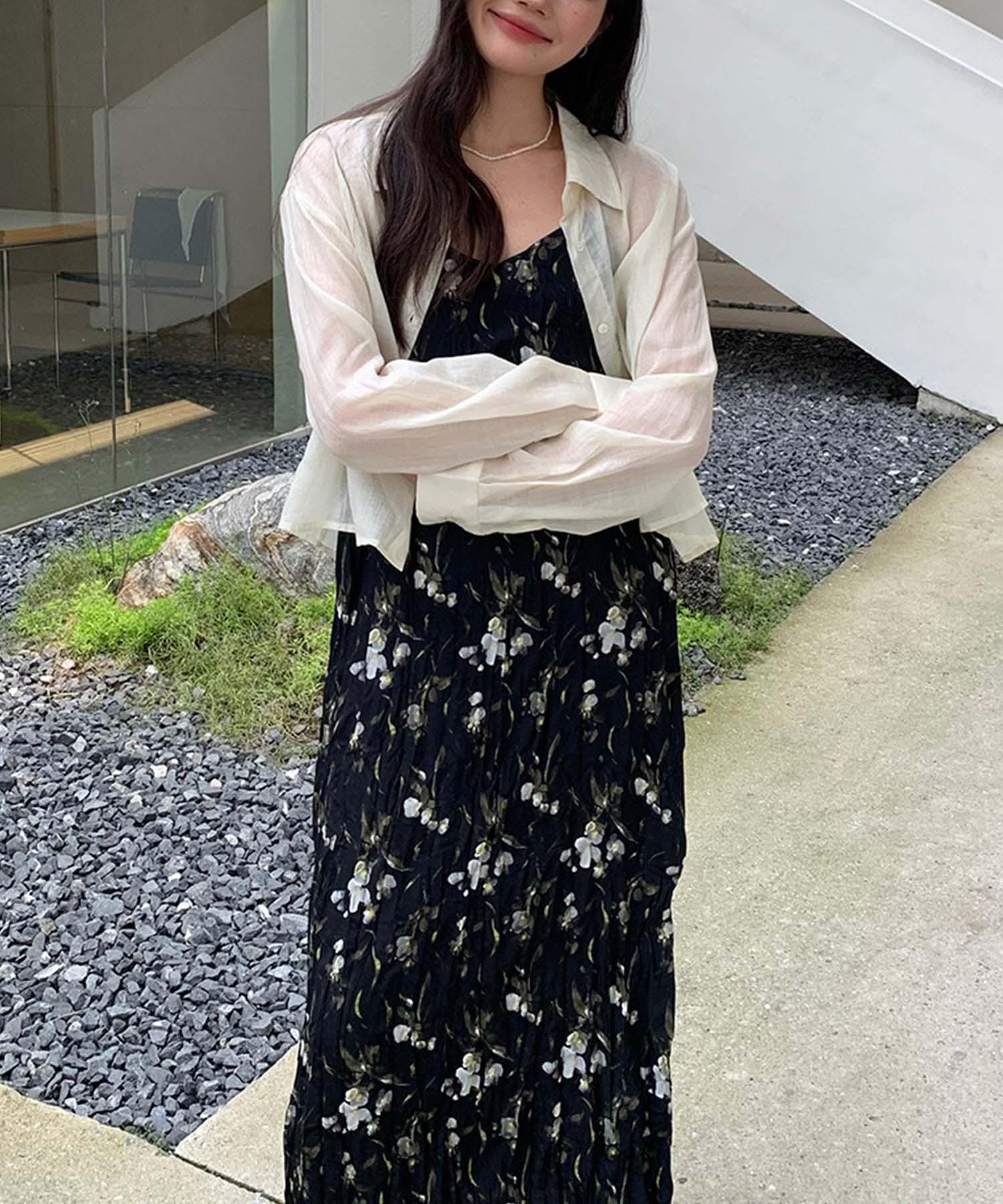 【当日発送】花柄ブラッククリンクルキャミソールワンピース