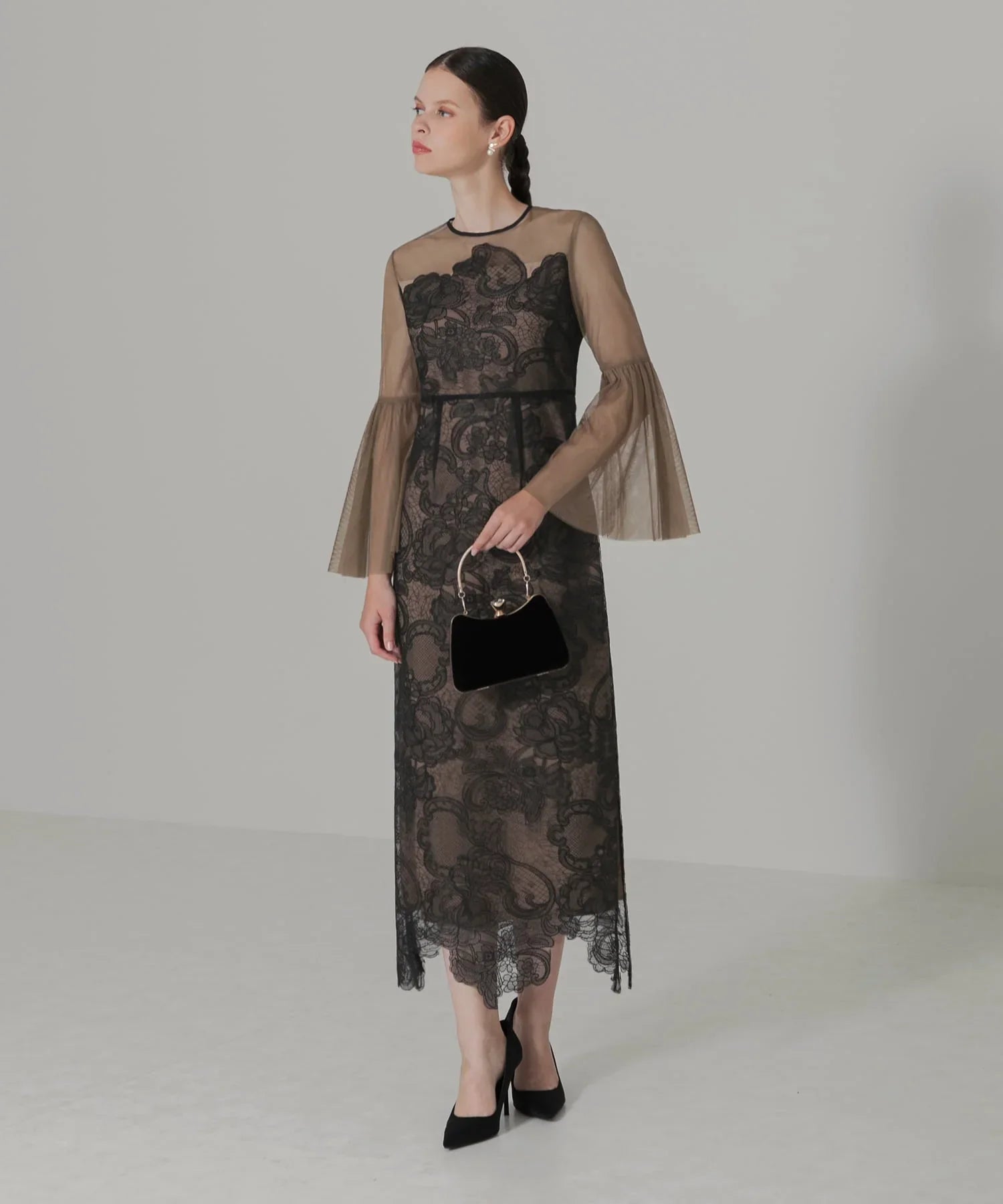 【当日発送】シアープリーツスリーブIラインワンピースドレス