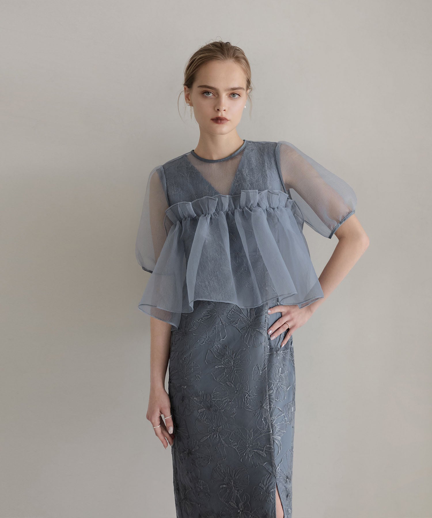 【当日発送】ボリュームシアーフリルジャガードIラインワンピースドレス