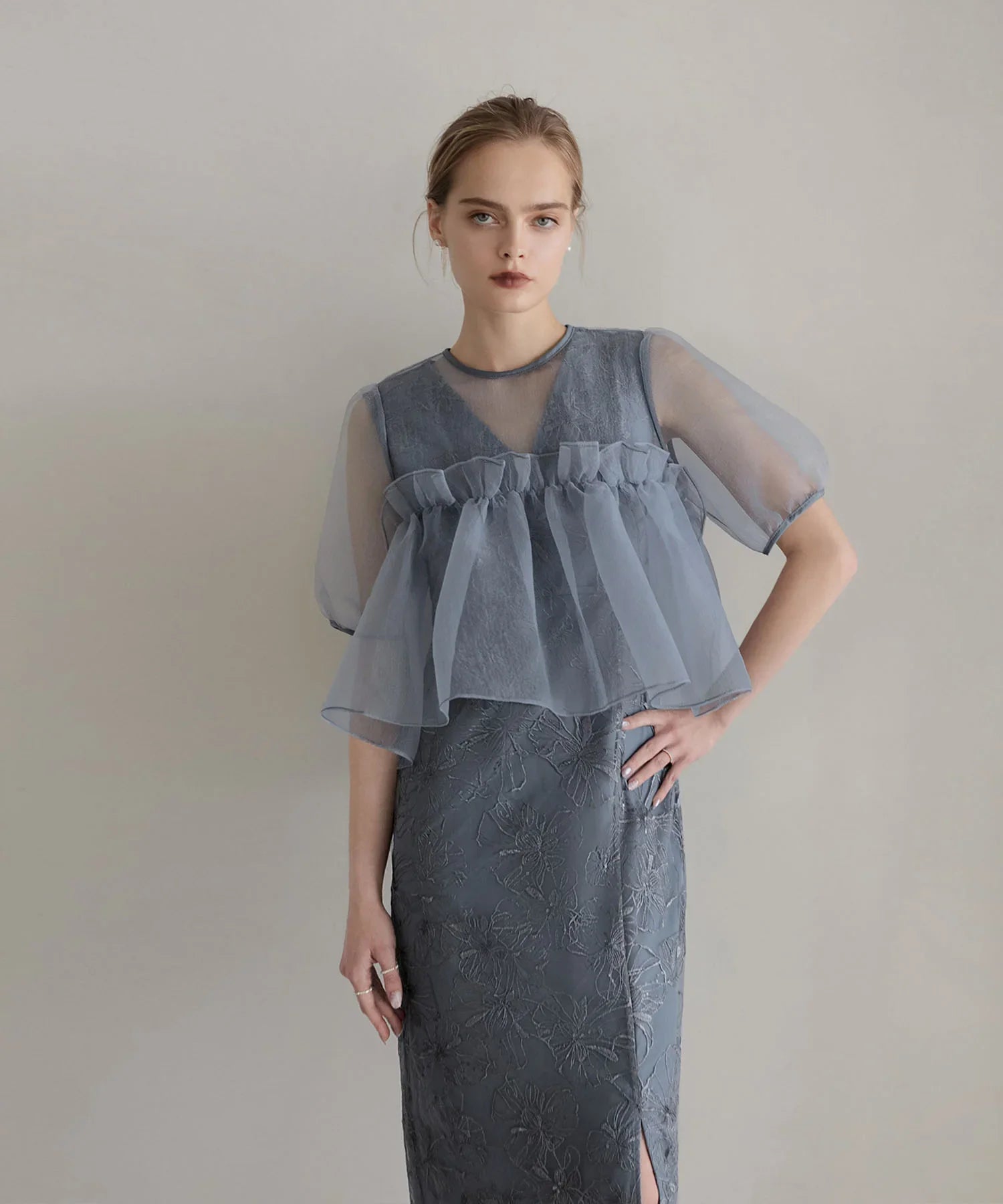 【当日発送】ボリュームシアーフリルジャガードIラインワンピースドレス