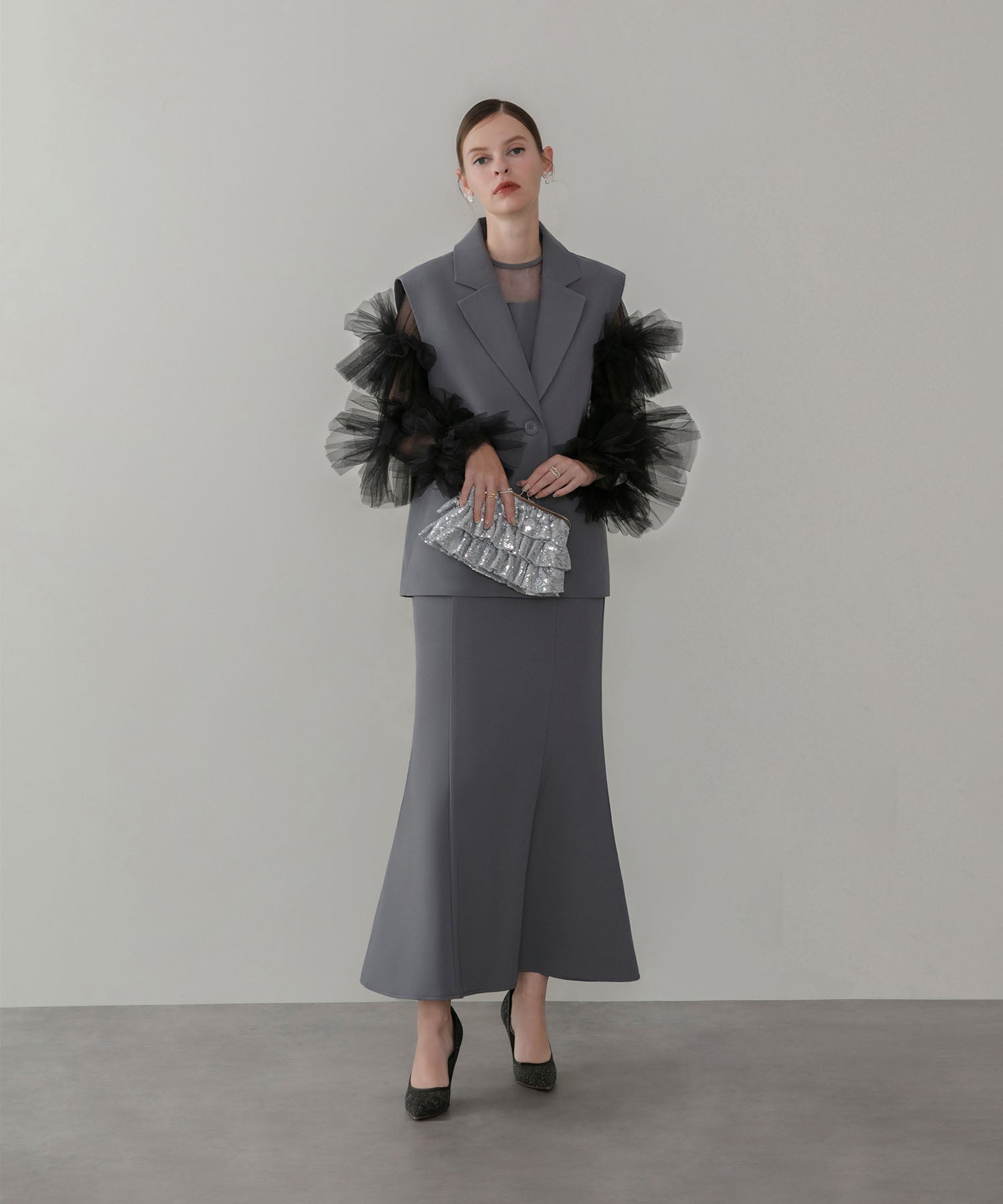 【当日発送】ボリュームチュールスリーブベストセットアップドレス