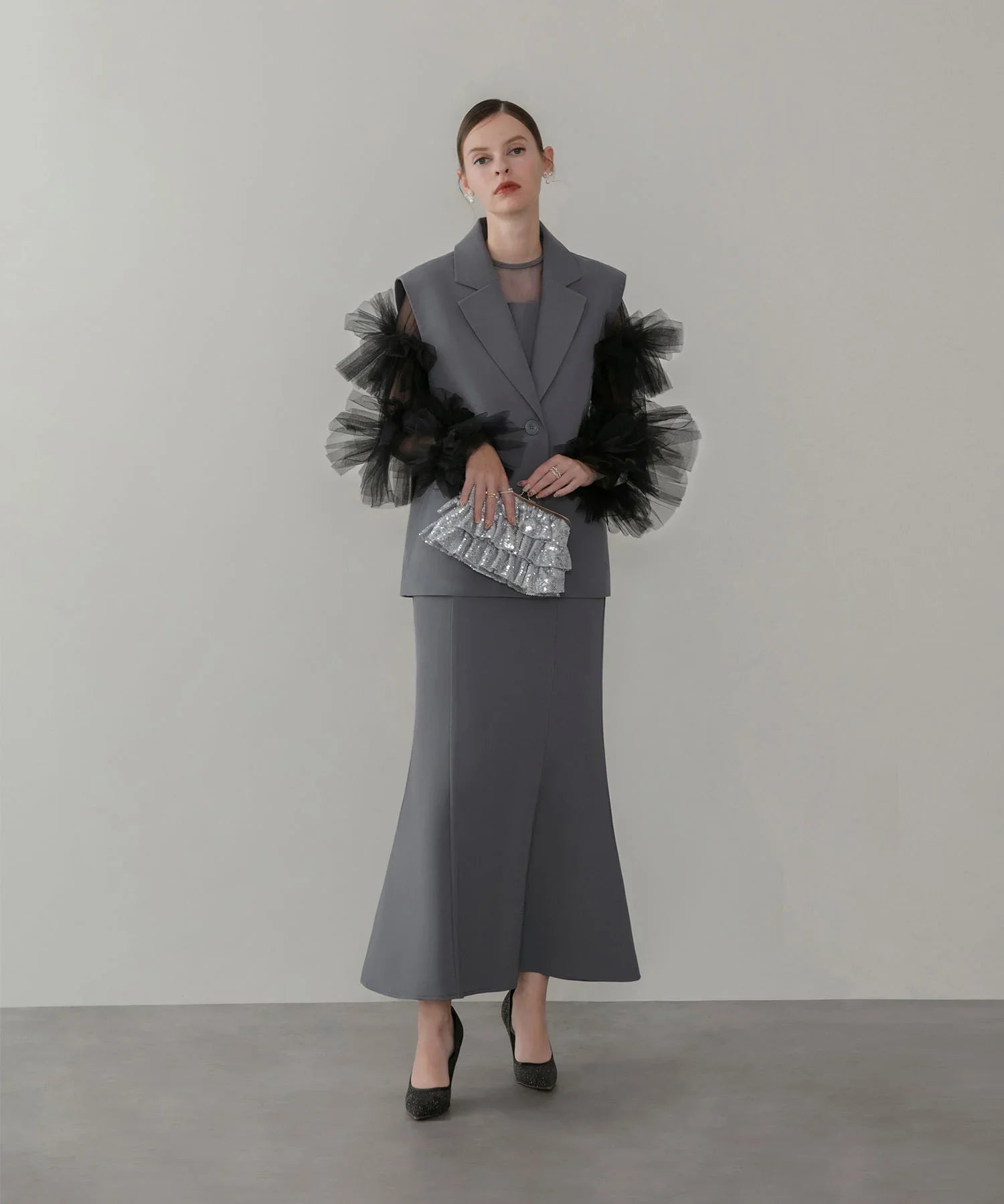 【当日発送】ボリュームチュールスリーブベストセットアップドレス