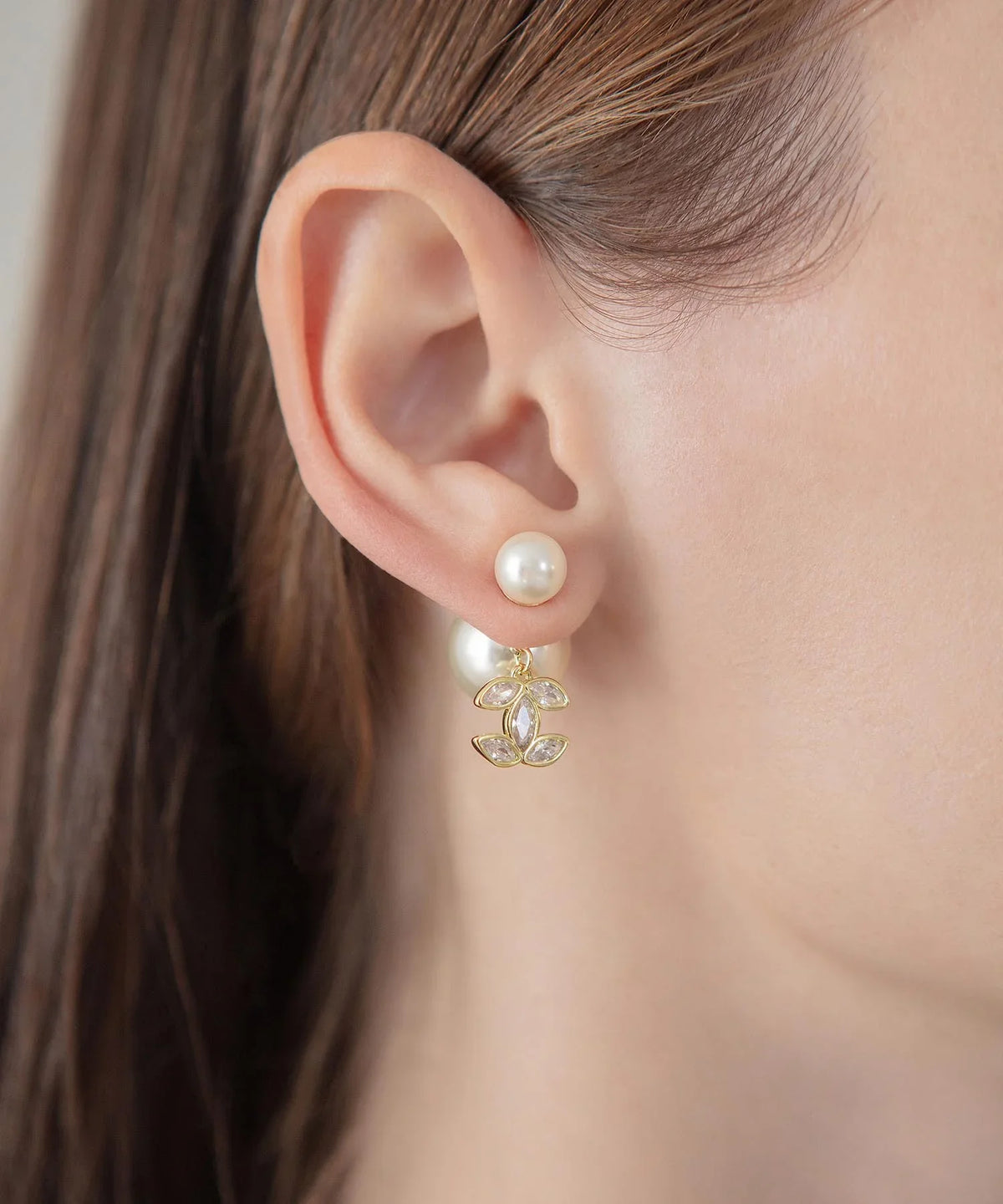 【当日発送】ダブルパールリーフビジューバックキャッチピアス