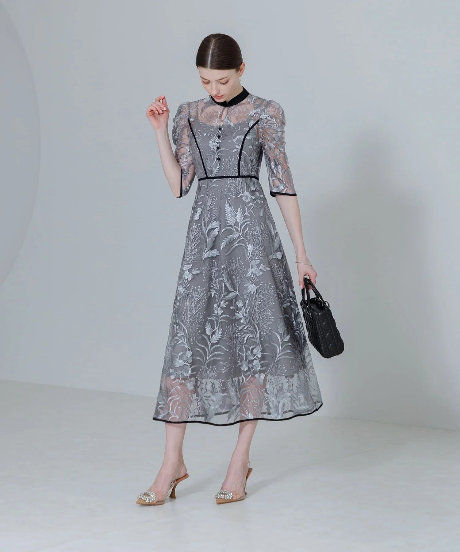 【当日発送】花柄チュールパフスリーブワンピースドレス