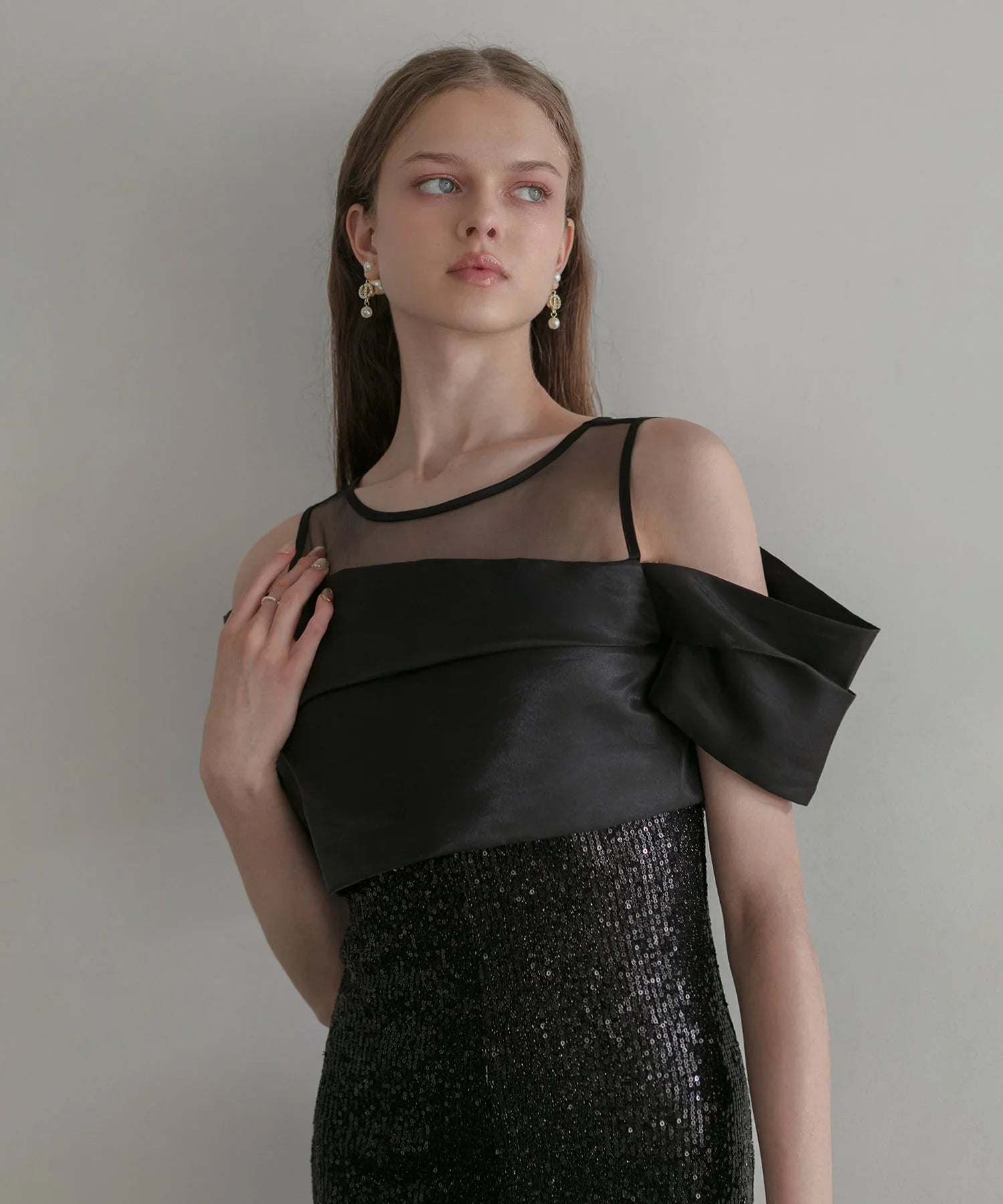 【LEJA LUXE】シースルーアシンメトリースパンコールスリットIラインドレス