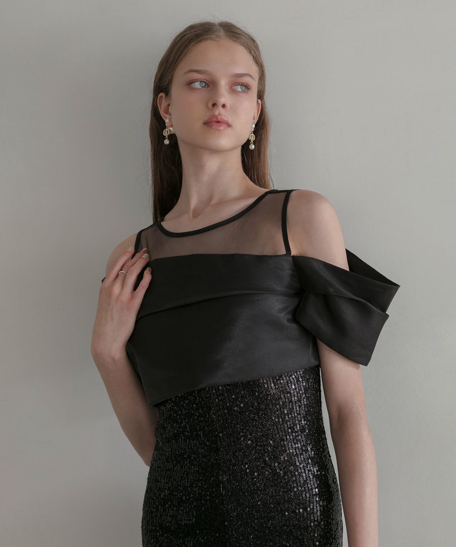 【LEJA LUXE】シースルーアシンメトリースパンコールスリットIラインドレス