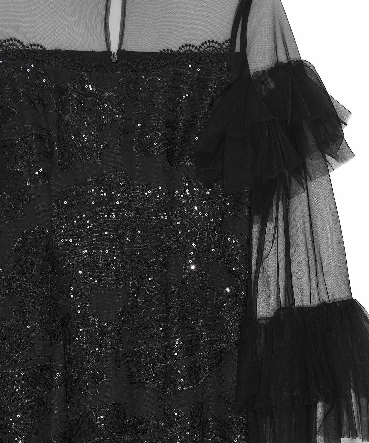 【当日発送】フリルチュールスリーブレースIラインワンピースドレス