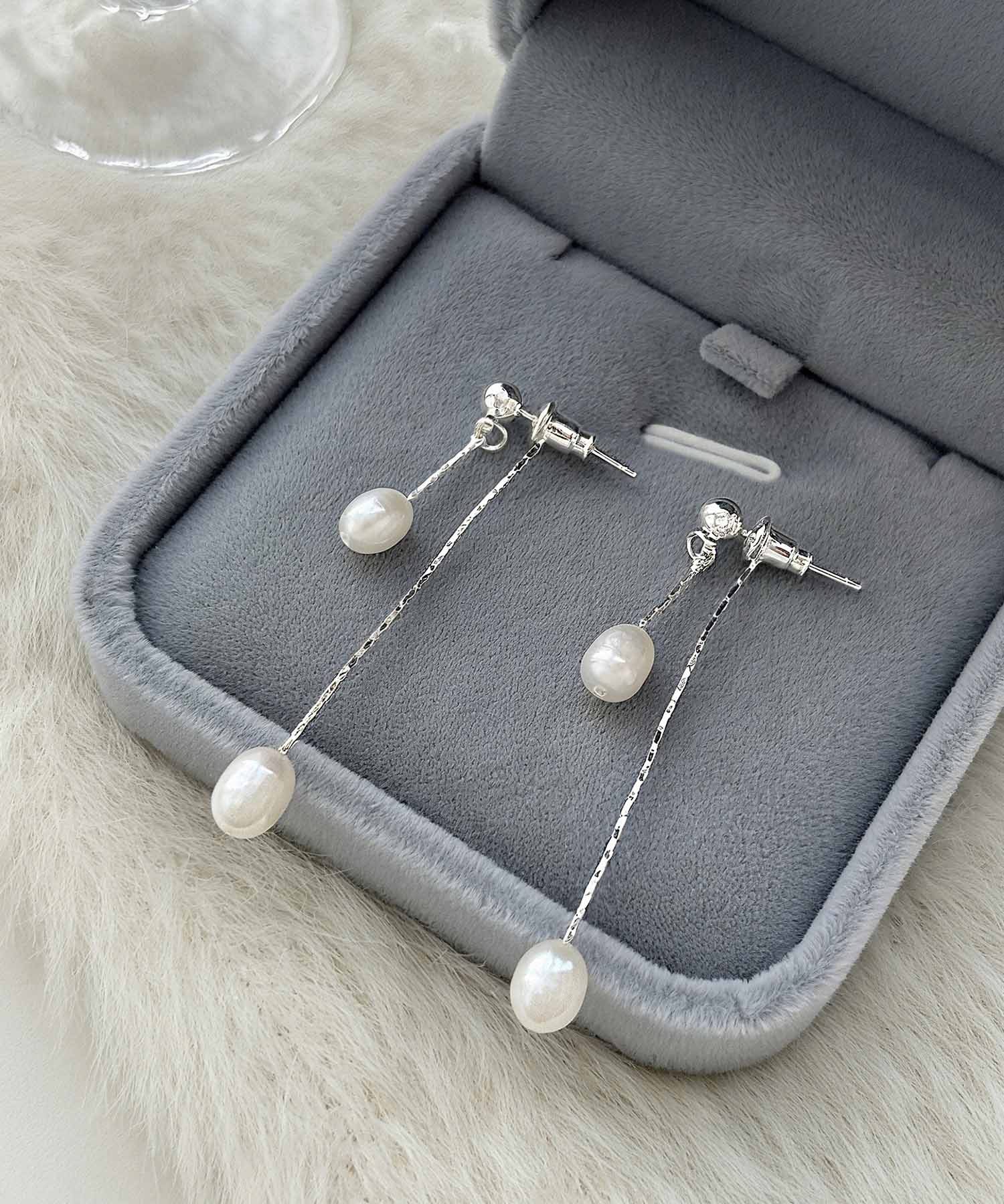 【当日発送】ダブルロングチェーンスレンダードロップパールピアス