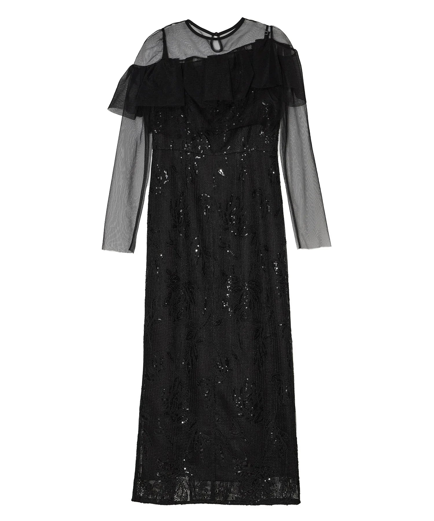 【当日発送】2WAYアシンメトリーフリルチュールフラワーIラインワンピースドレス