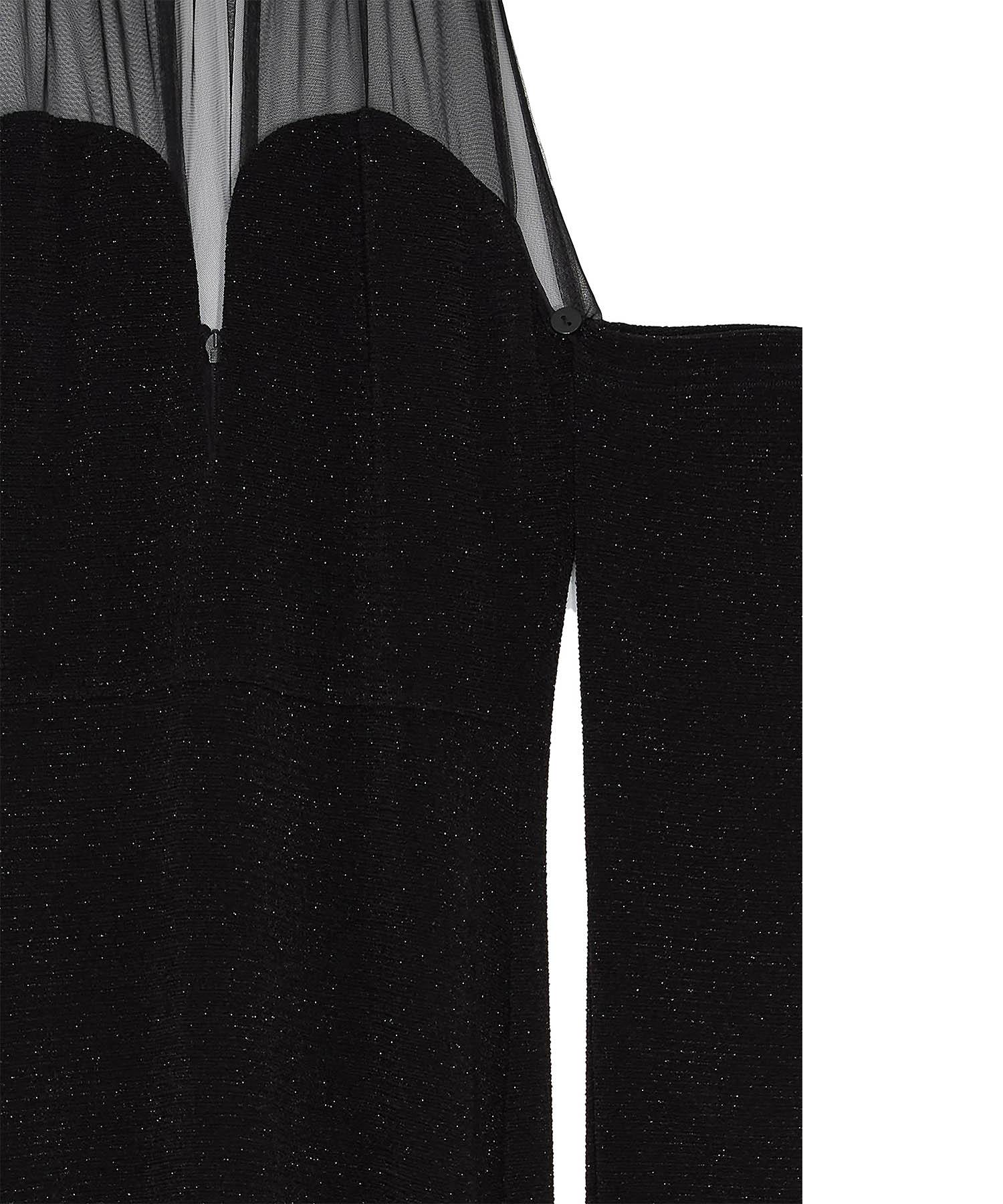 【LEJA LUXE】シアーネックビジューデザインブラックマーメイドロングドレス