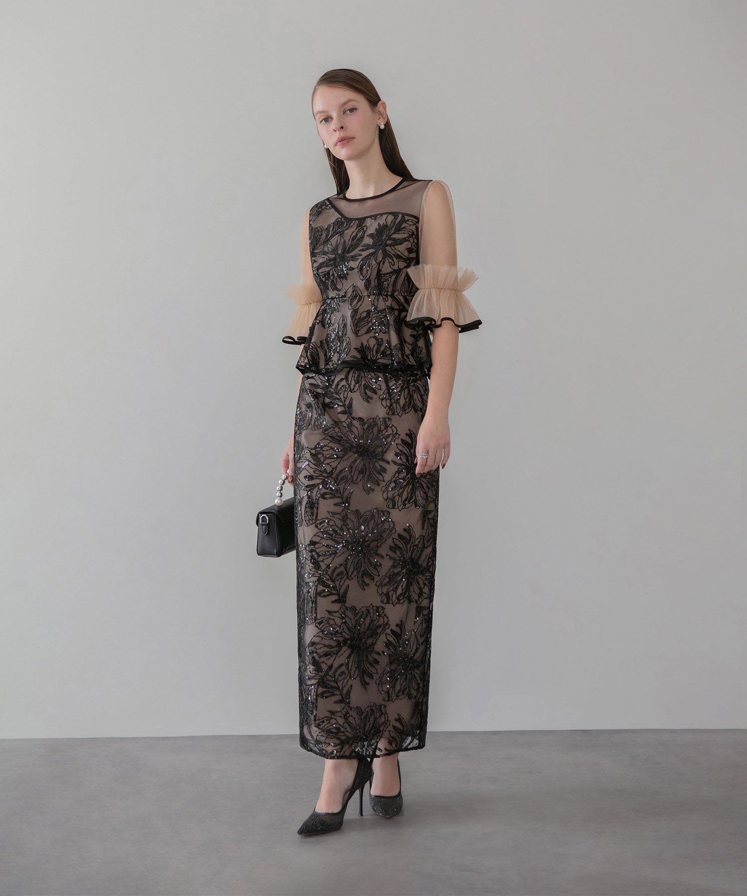 【当日発送】アシンメトリーシアーフラワースパンコールフリルチュール セットアップドレス