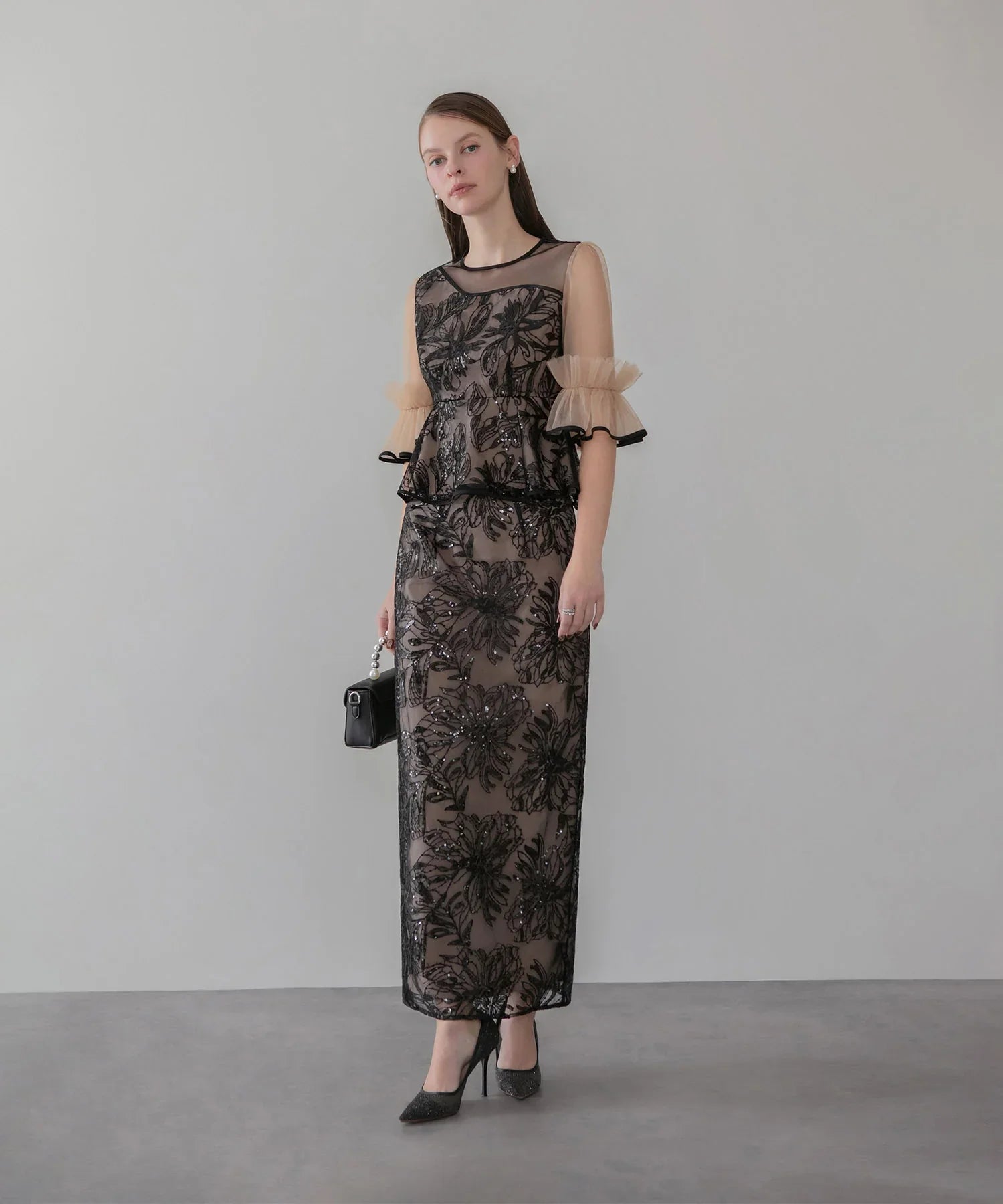 【当日発送】アシンメトリーシアーフラワースパンコールフリルチュール セットアップドレス