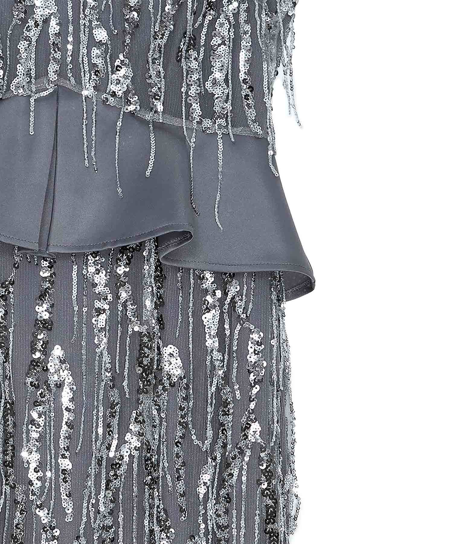 【LEJA LUXE】シルバーフリンジスパンコールペプラムマーメイドドレス