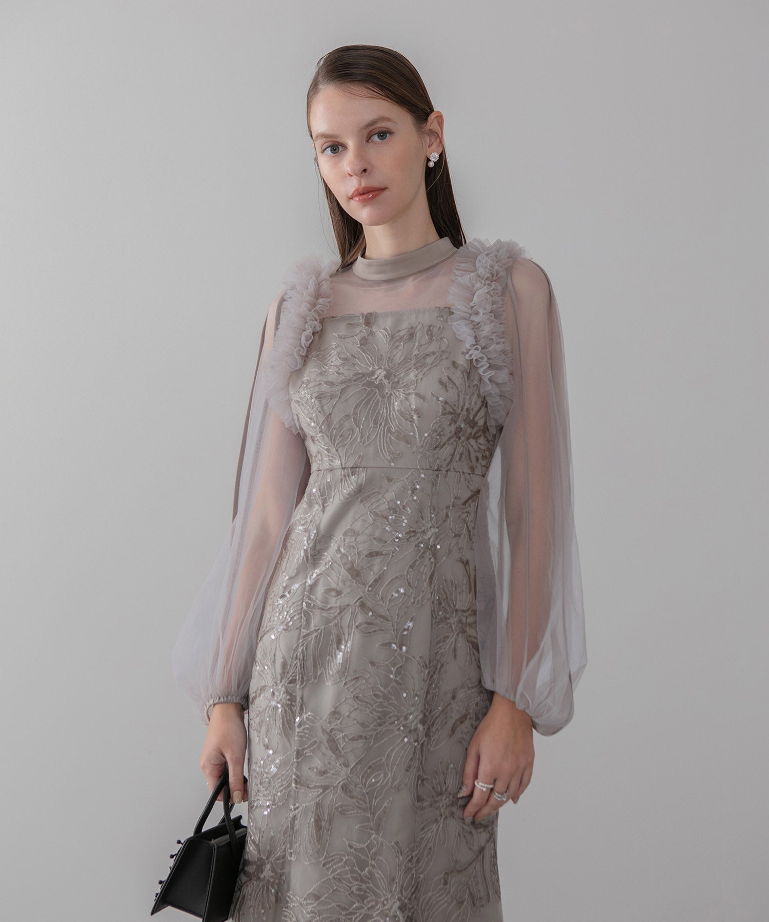 【当日発送】フラワースパンコールチュールフリルロングスリーブマーメイドワンピースドレス