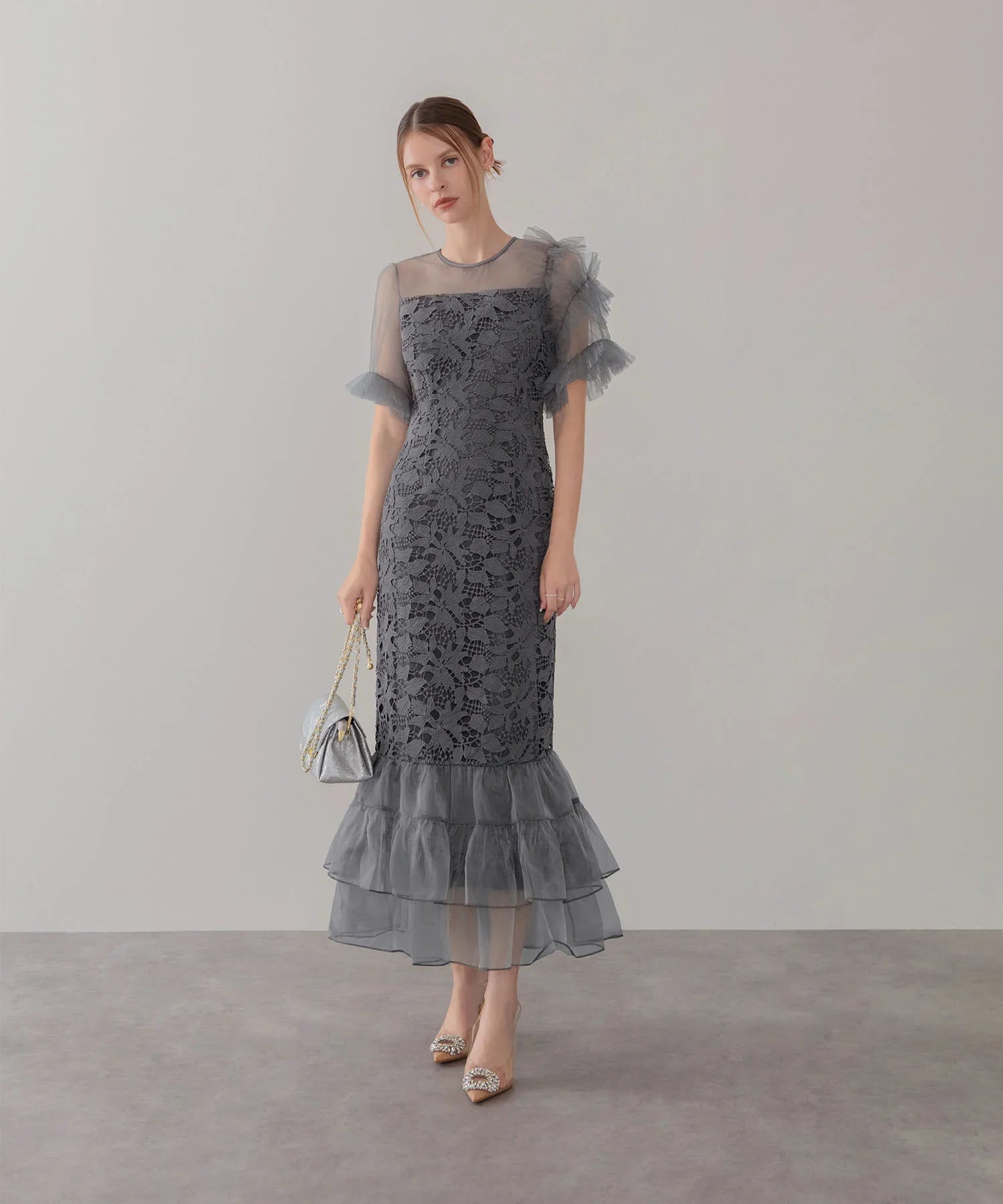 【当日発送】アシンメトリーチュールスリーブレースフリルヘムIラインワンピースドレス