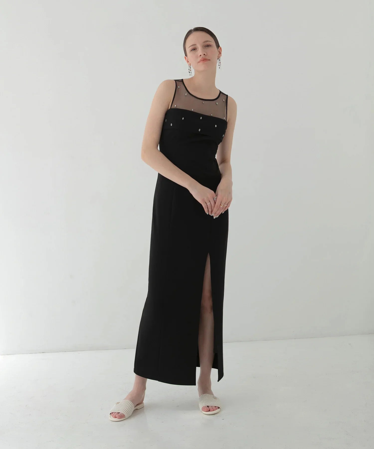 【LEJA LUXE】2WAY front sheer bejeweled I-line dress