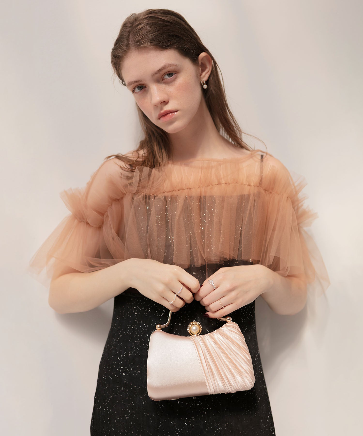 【当日発送】2WAYハーフプリーツパールストーンバッグ