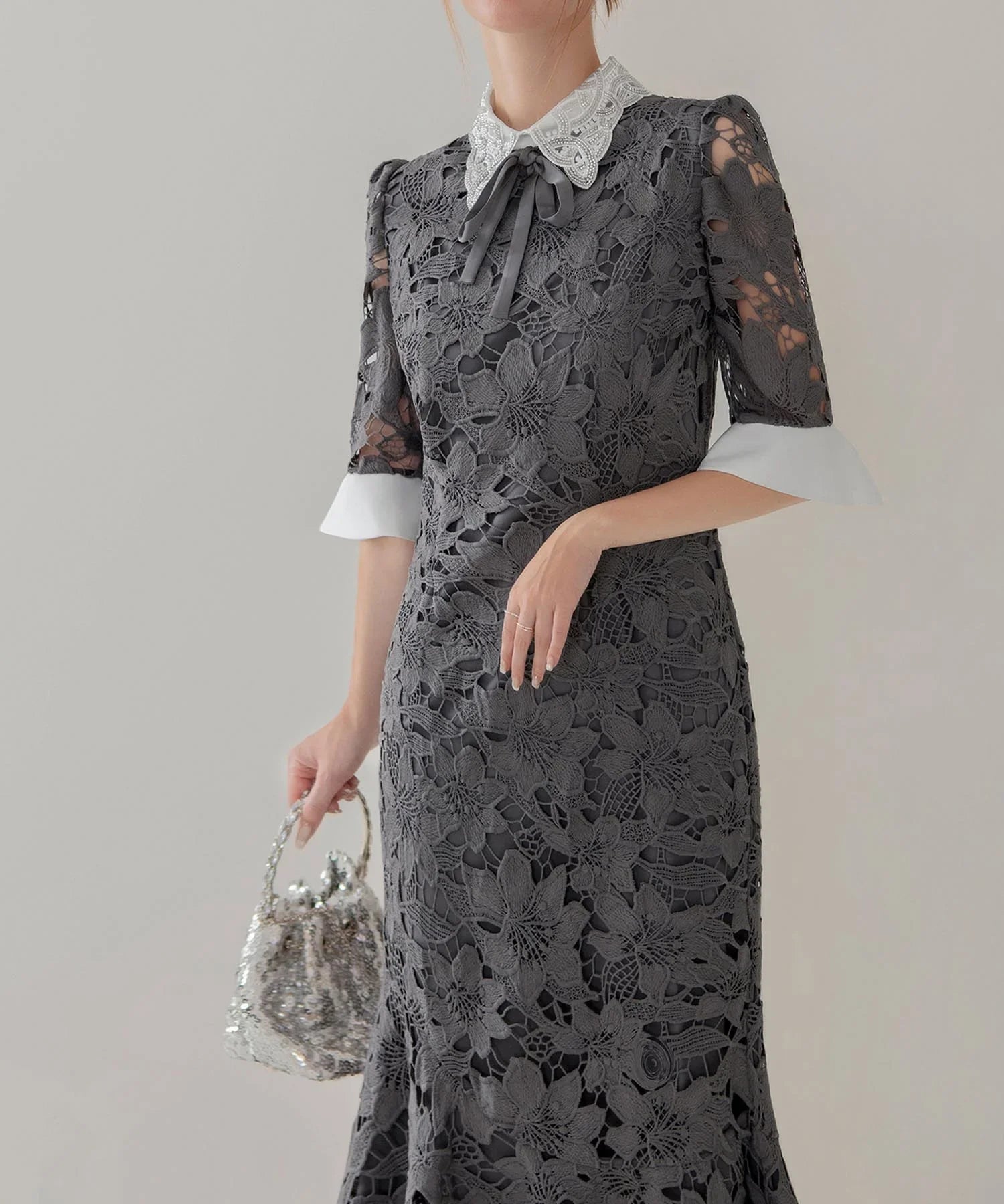 【一部当日発送】パールカラーボウタイフラワーレースフィッシュテールワンピースドレス