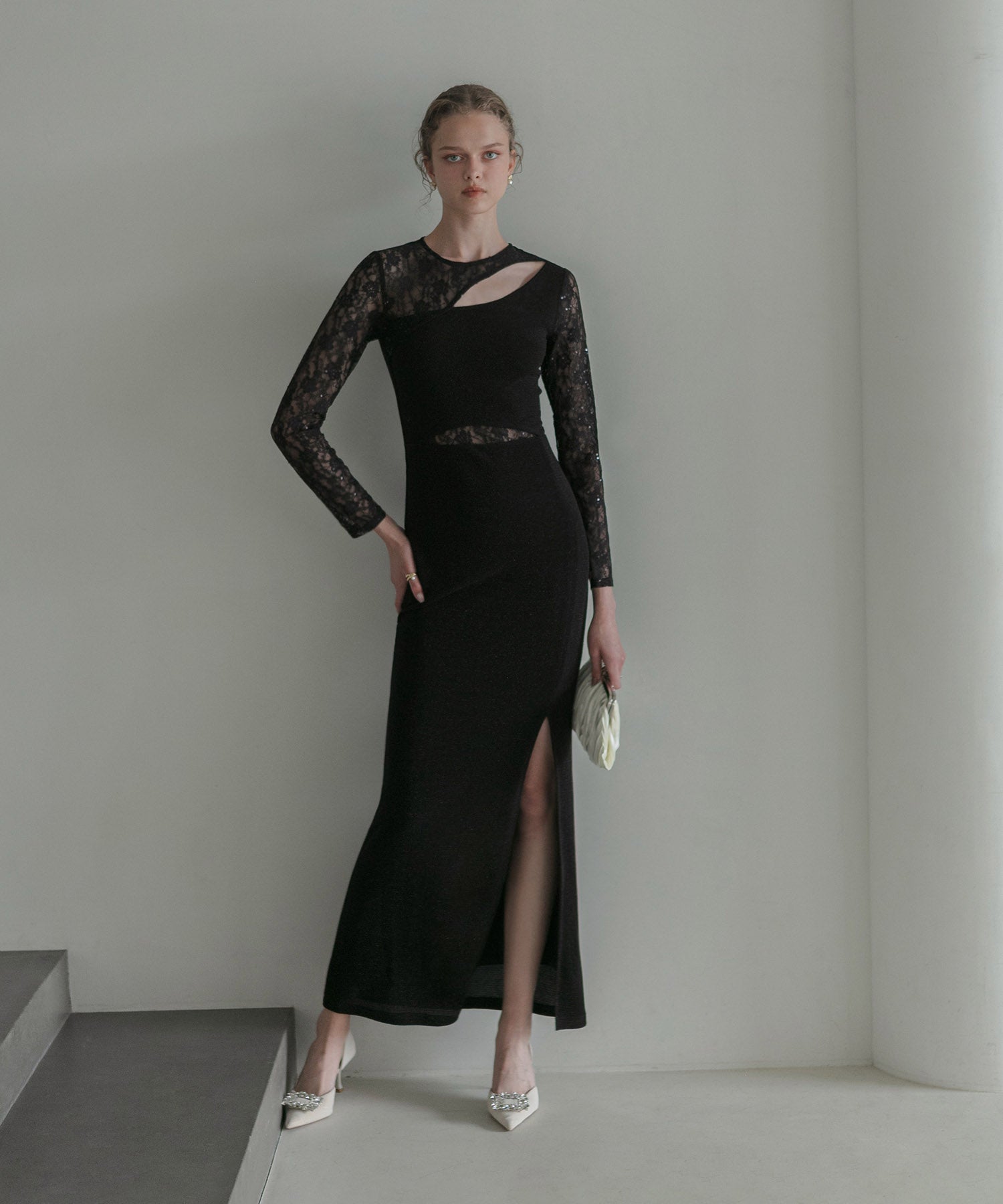 【LEJA LUXE】アシンメトリーレーススリムフィットIラインドレス