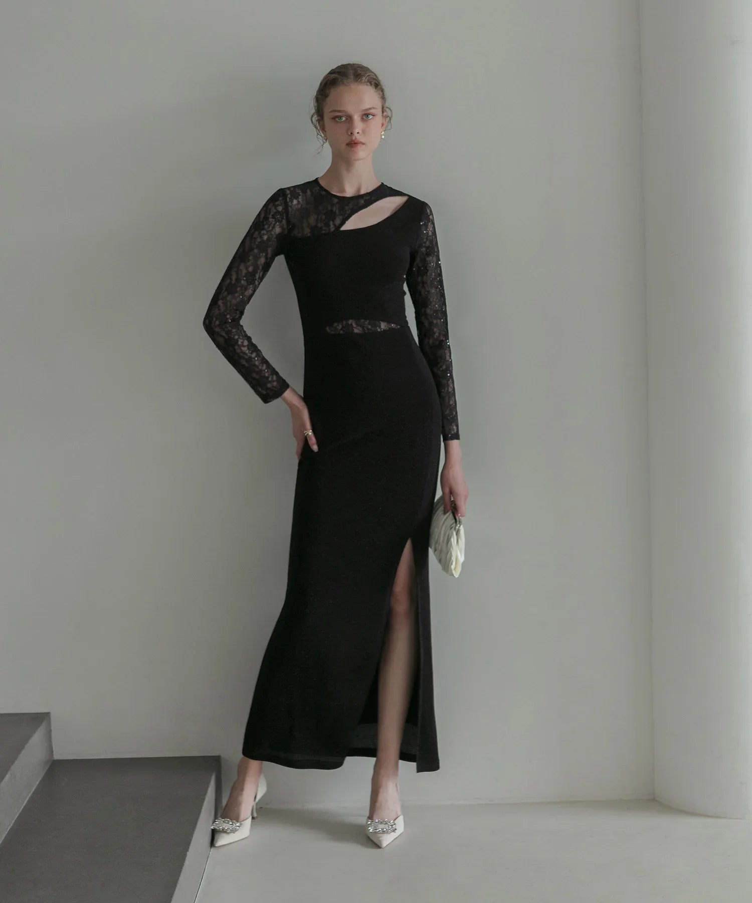 【LEJA LUXE】アシンメトリーレーススリムフィットIラインドレス