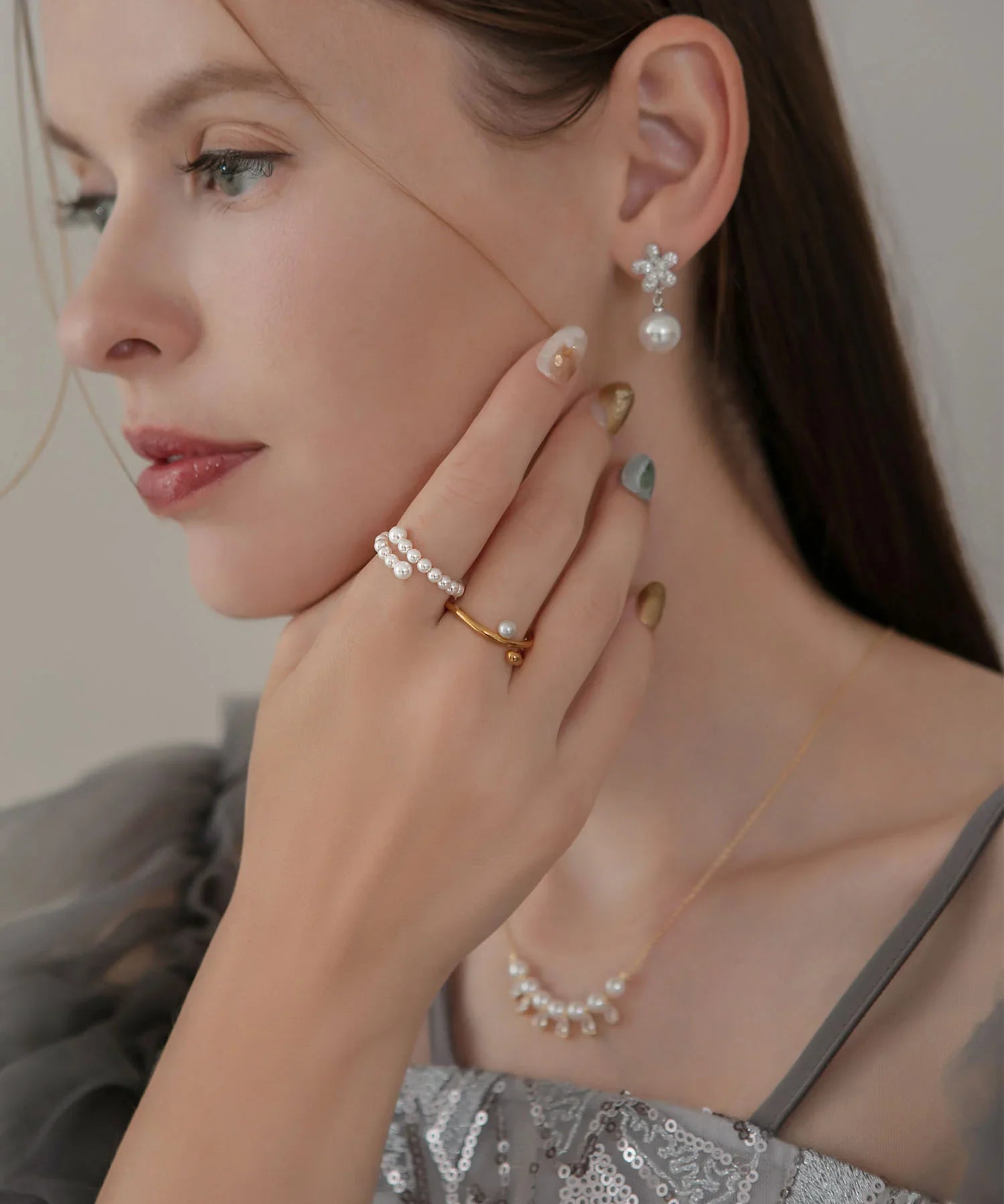 【当日発送】パールダブルラインデザインリング