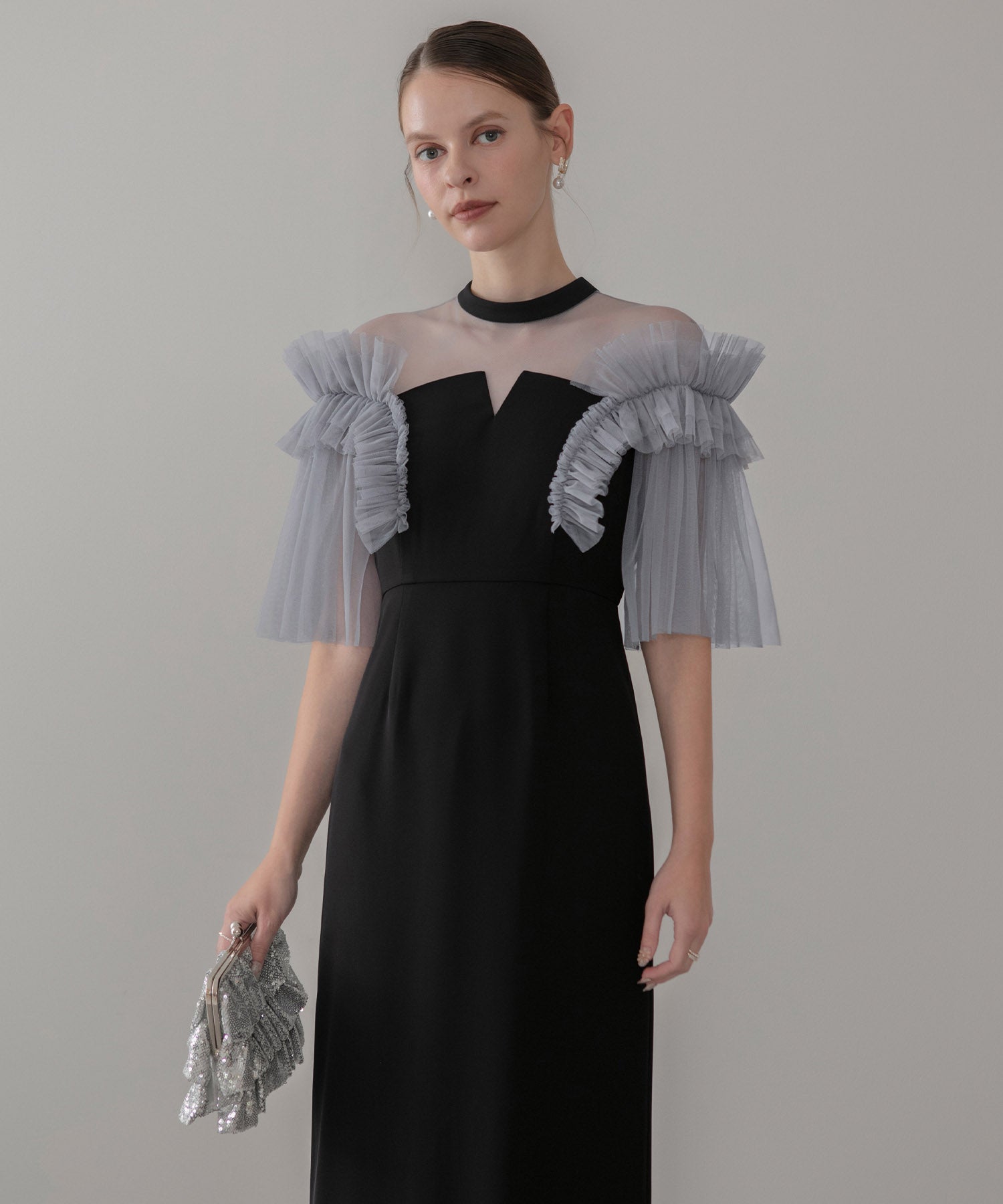 【当日発送】チュールフリルショルダーシアーIラインワンピースドレス