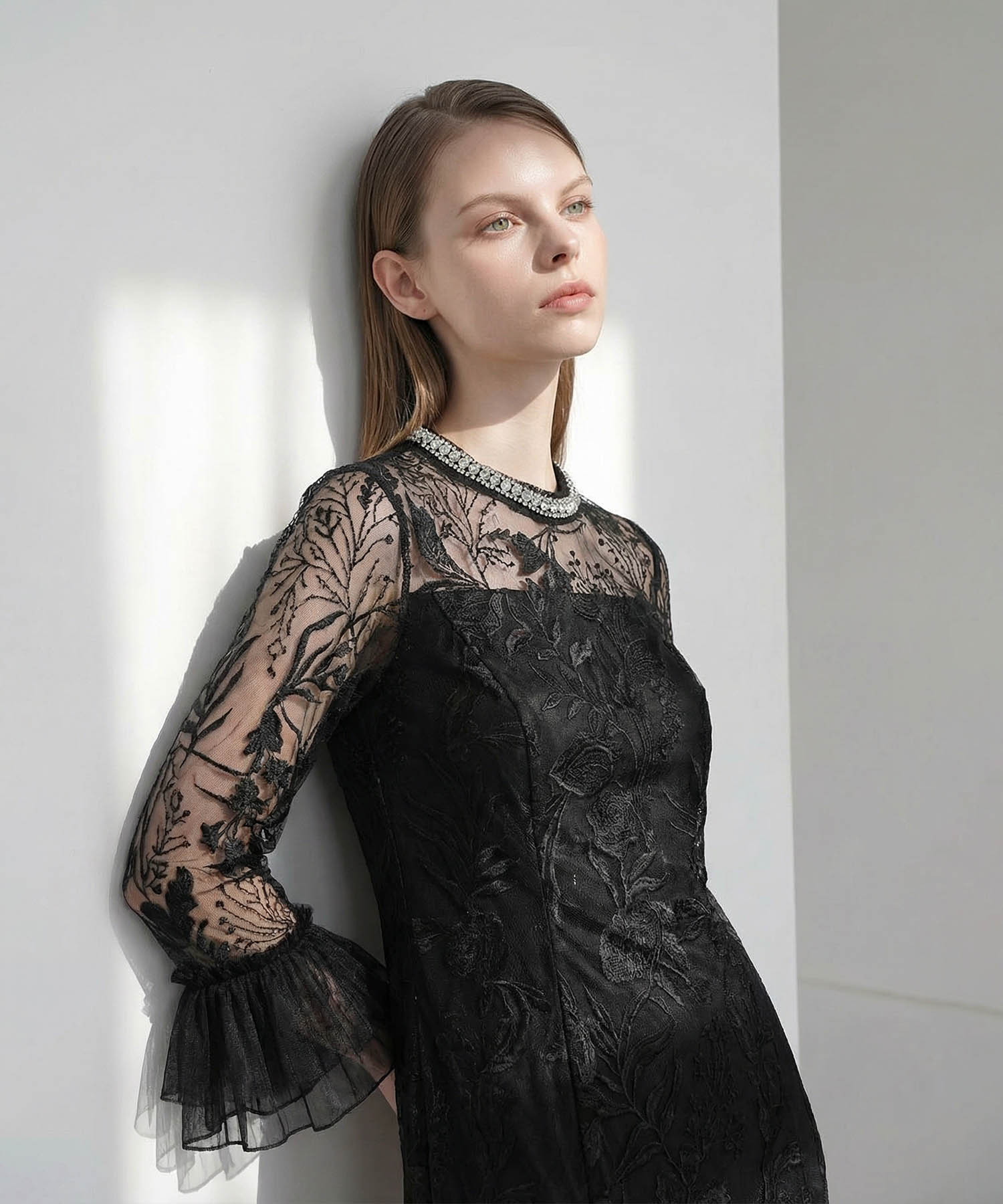 【当日発送】フラワーレースジュエルカラーIラインワンピースドレス