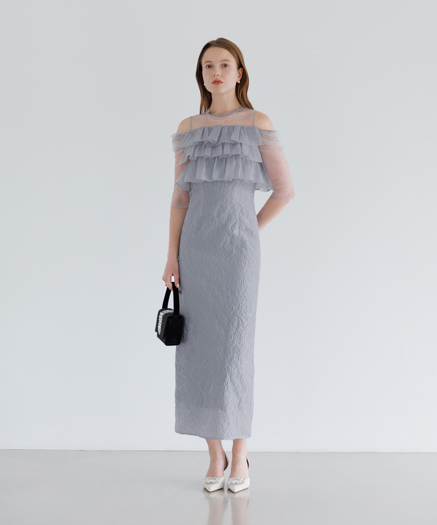 【当日発送】3WAYティアードフリルジャガードIラインワンピースドレス